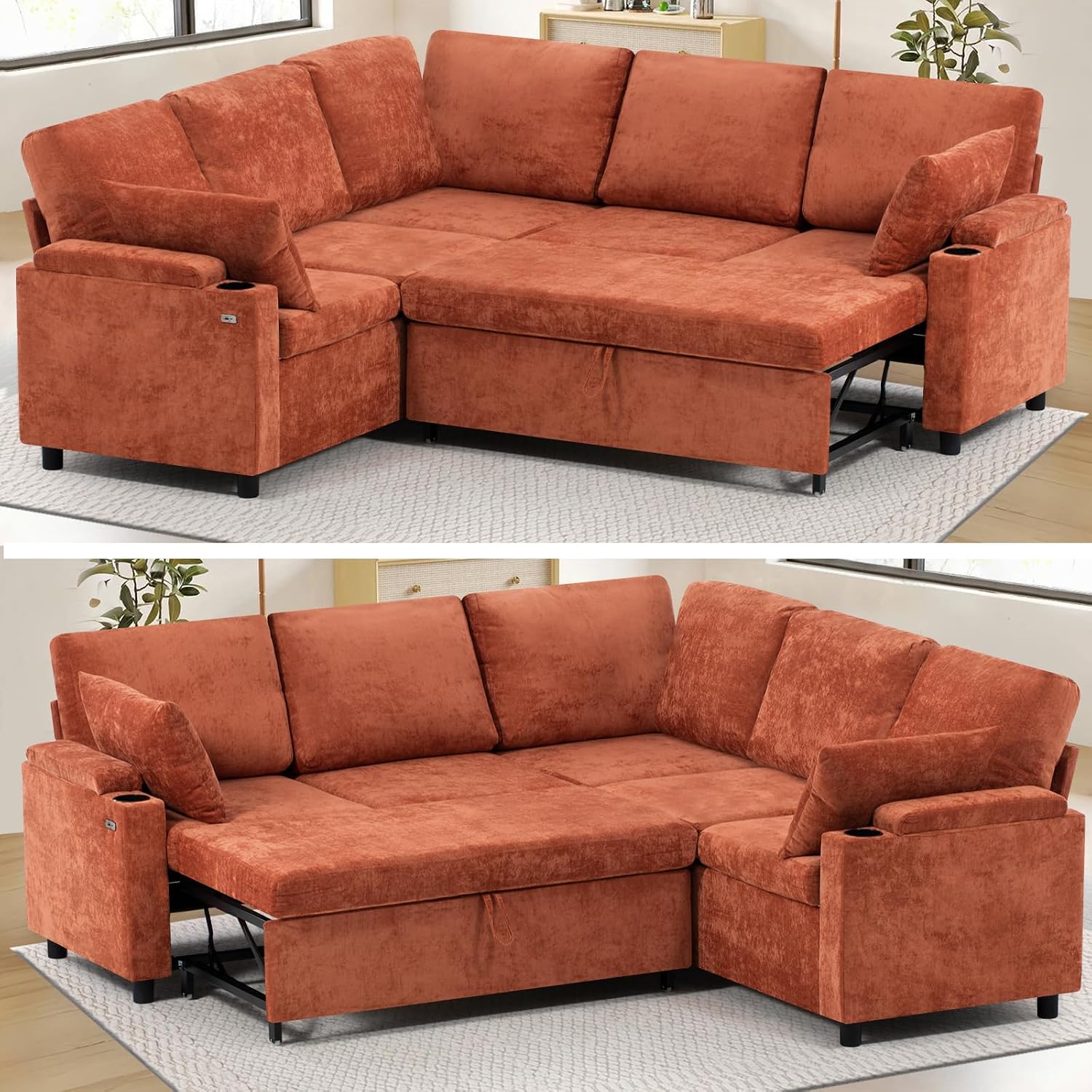 85' Chenille Reversible Sectional Sofa w/Pull-Out Bed, Upholstery L Shaped Couch w/Storage Armrests & Cup Holders, Modern Corner Sofa w/USB Charging Port & Throw Pillow for Living Room, Orange