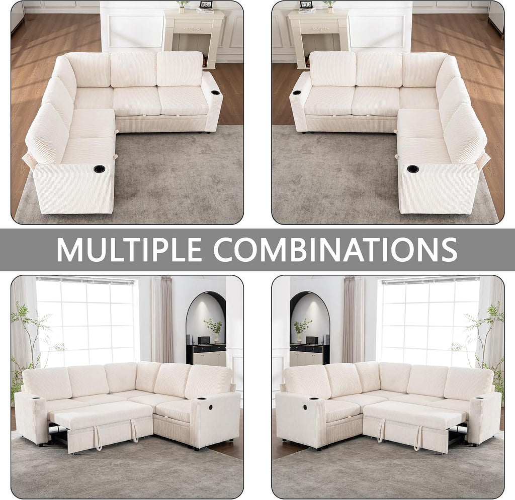 Modular Sectional Sleeper Sofa with Pull Out Bed, L Shaped Couch with Storage Chaise, USB Ports and Cup Holders, Comfy Corduroy Sectional Couches for Living Room, Bedroom and Apartment