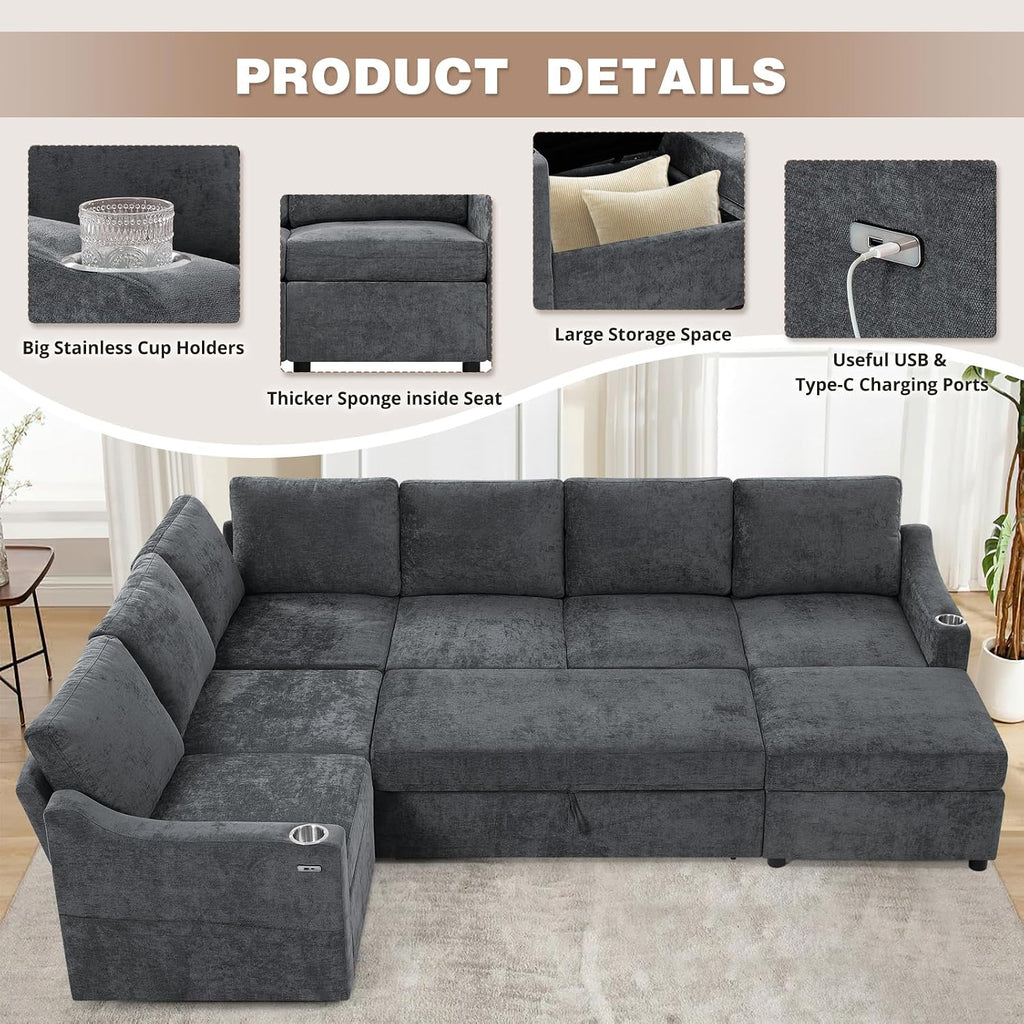 116' Chenille Modular Sofa Bed w/Adjustable Backrests, U-Shape Sleeper Sofa w/USB Ports & Storage Space, Convertible Corner Sectional Couch w/Pull Out Bed for House, Living Room, Grey