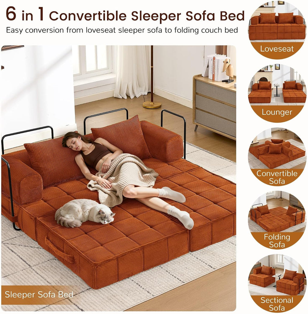 Korser Folding Convertible Sofa Bed, Corduroy Upholstered Boneless Couch, Small Sectional Cloud Couch, Loveseat Sleeper Sofa, Modular Futon Floor Sofa Couch for Living Room Bedroom Lounge, No Assembly