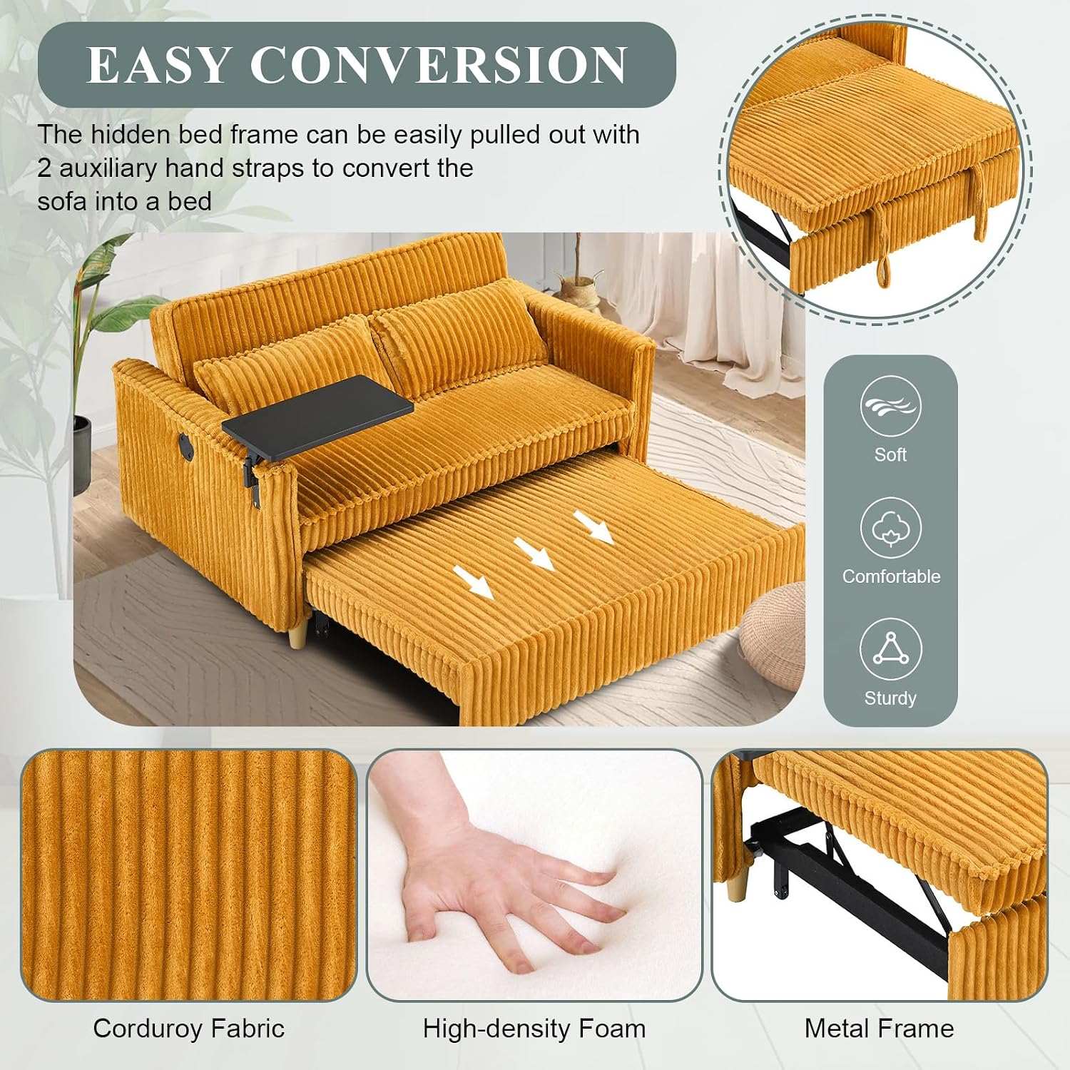 54'W Convertible Sleeper Sofa Bed,3-In-1 Corduroy Pull Out Couch Bed,Futon Loveseat Sleeper Couch with Adjustable Backrest & USB Port & Side Table,Recliner for Living Room/Office/Small Space(Yellow)