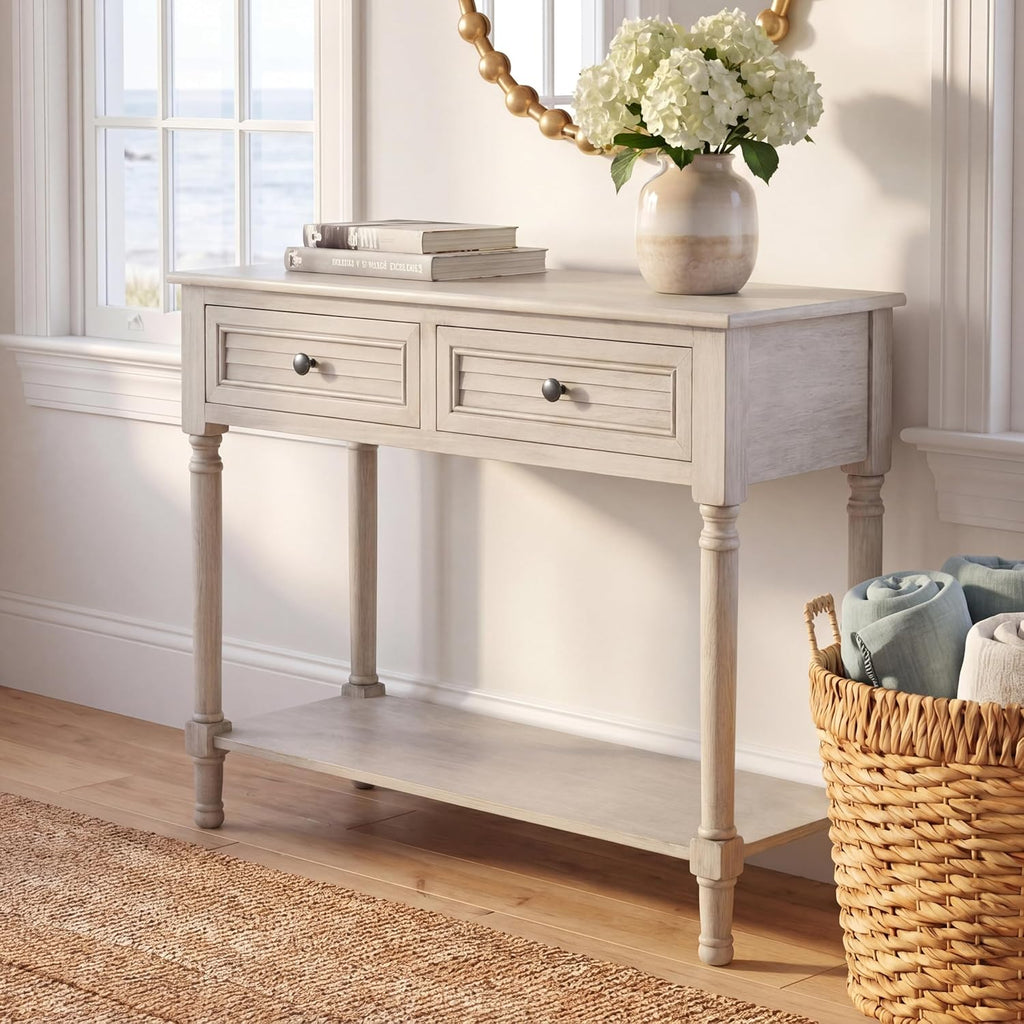 SAFAVIEH Home Collection – Tate Greige 2-Drawer Console Table with Shelf, Turned Leg Farmhouse Accent Console for Entryway or Living Room (CNS5720D)