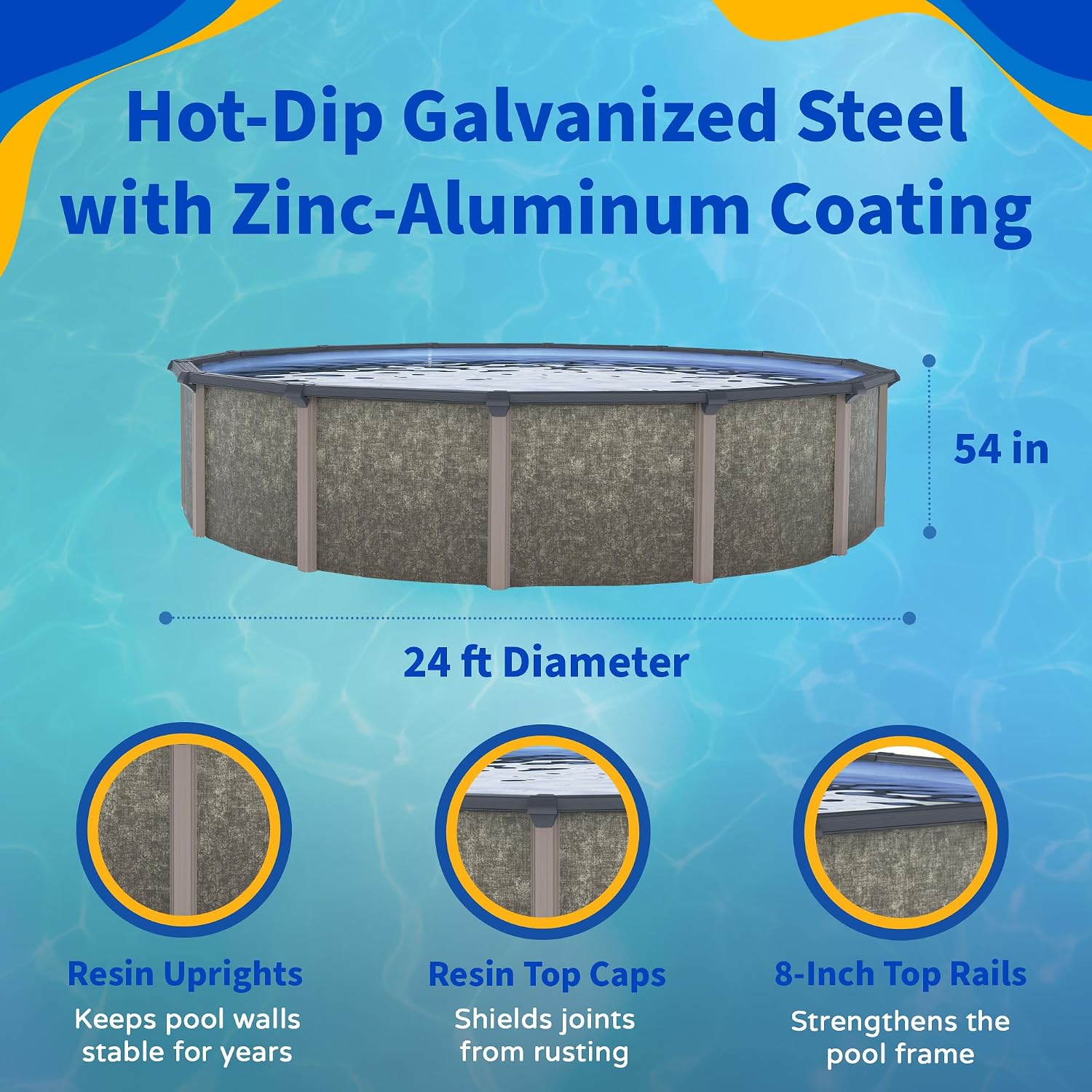 Blue Wave Riviera 24-ft Round 54-in Deep Above Ground Swimming Pool – with Steel Wall, Top Rails, Sand Filter, Overlap Liner, A-Frame Ladder & Maintenance Kit – Complete Outdoor Pool Accessories
