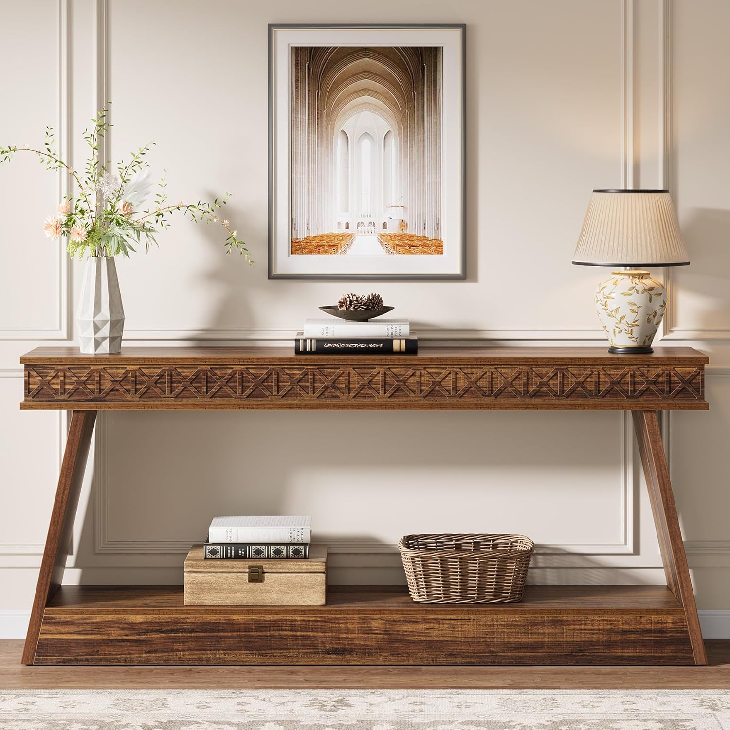 Tribesigns 70.9 Inch Long Console Table for Entryway, 2-Tier Farmhouse Entryway Table with Storage, Narrow Sofa Table Behind the Couch, Wood Accent Table for Hallway, Living Room, Foyer, Dark Brown