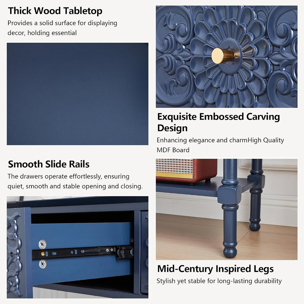 weselon 55.5' Carved Console Table with 3 Drawers, 2-Tier Sofa Table with Glossy Floral Surface and Solid Wood Legs, Mid-Century Modern Entryway Table for Living Room Hallway (Midnight Blue)