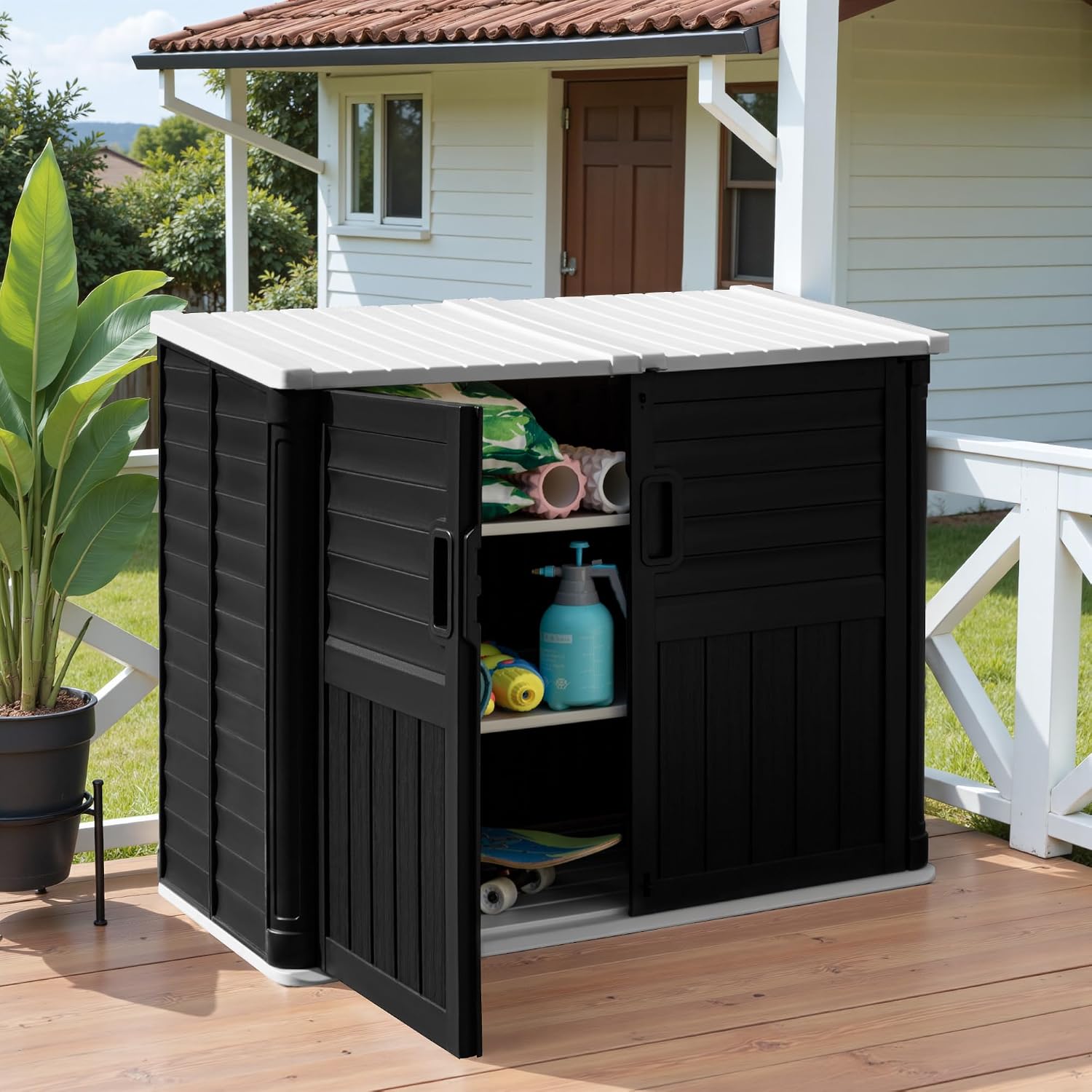 Greesum Outdoor Trash Can Storage Shed, 34 Cu.ft Waterproof Horizontal Storage Shed, Portable Horizontal Resin Storage Shed for Garden, Backyard, Patio, Dark Black