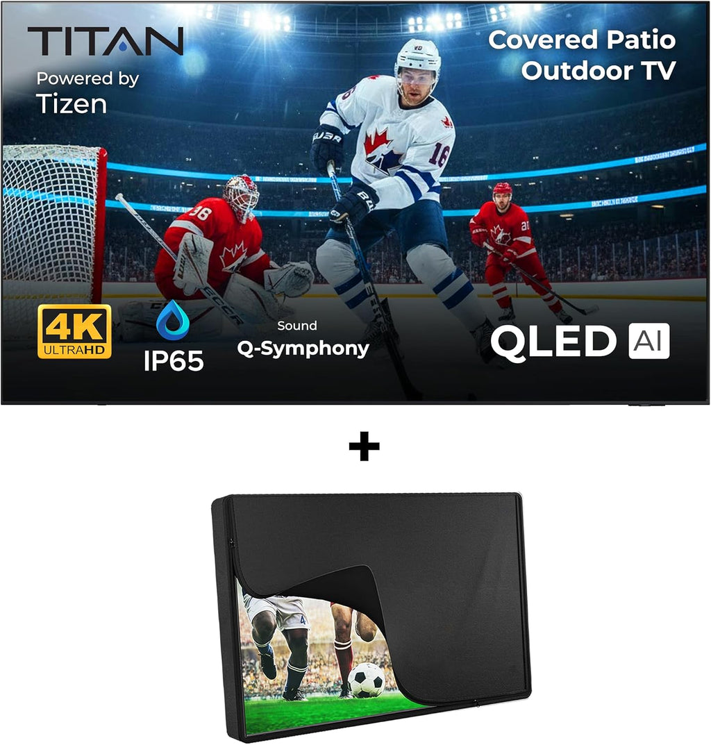Titan S100 QLED 55 Inch Outdoor TV, Covered Patio, IP65 Smart Weatherproof TV, 4K HDR, 60 Hz, Tizen AI OS, 800 Nits, Wi-Fi 5, HDR10+, Outdoor TV Cover, Slim Bezel, 2 Yr Wty