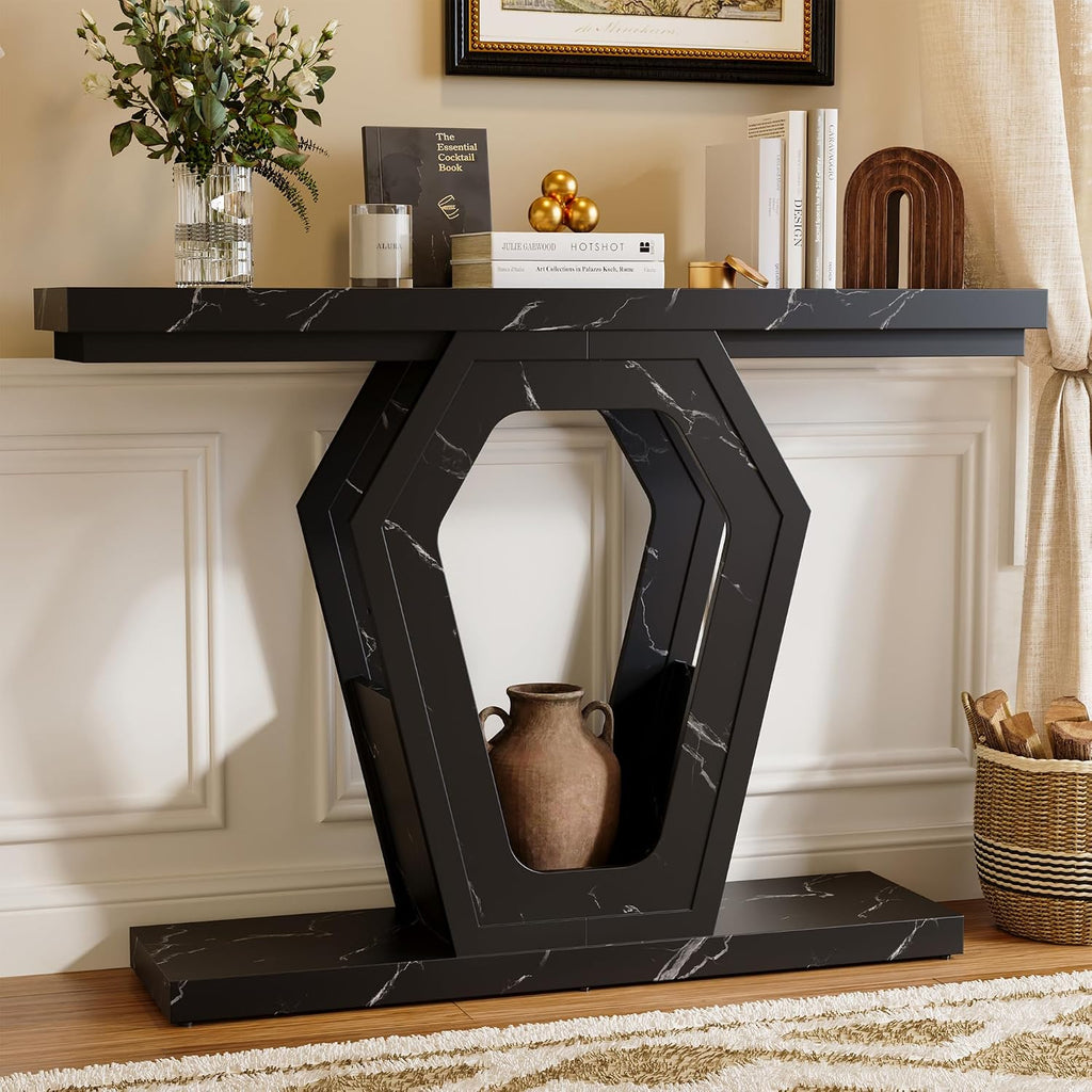 FUSUNBAO 47.3' Console Table,Openwork Bracket Sofa Table, Wood Narrow Entryway Table for Hallway, Behind The Couch, Living Room, Foyer, Easy Assembly (Black Marble Texture)