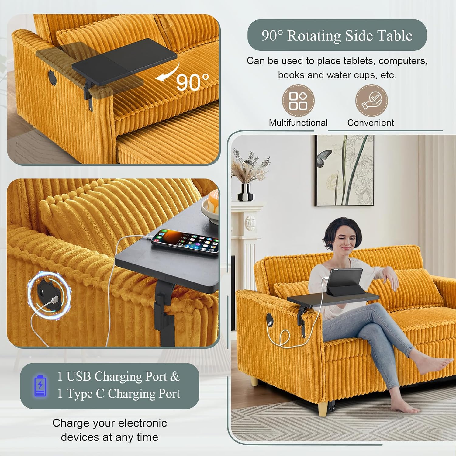 54'W Convertible Sleeper Sofa Bed,3-In-1 Corduroy Pull Out Couch Bed,Futon Loveseat Sleeper Couch with Adjustable Backrest & USB Port & Side Table,Recliner for Living Room/Office/Small Space(Yellow)