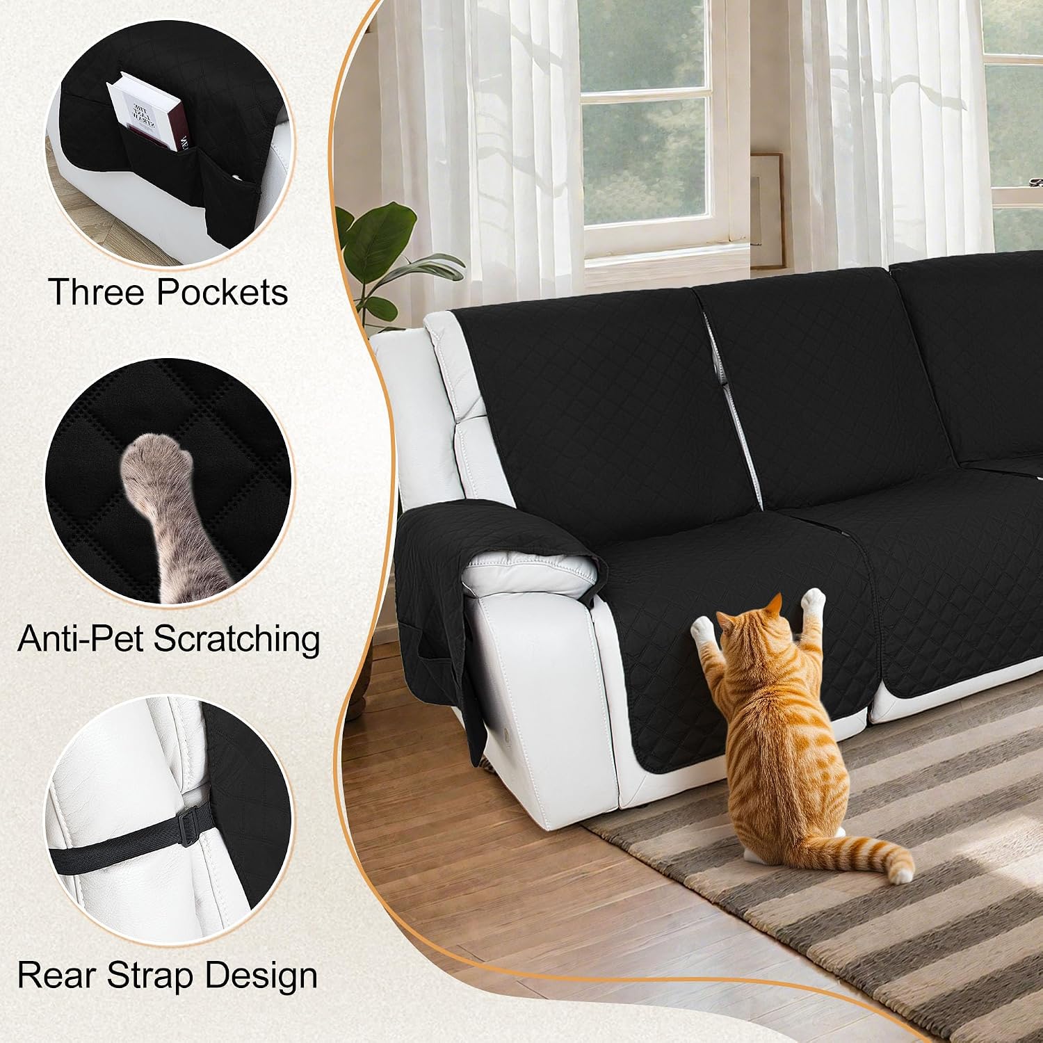 HDCAXKJ 100% Waterproof Reclining Sectional Couch Covers L Shape Recliner Sofa Cover Washable Quilted Soft Pet Dog Corner Recliner Slipcovers with Pockets (5 Seat and 2 Middle Console, Black)