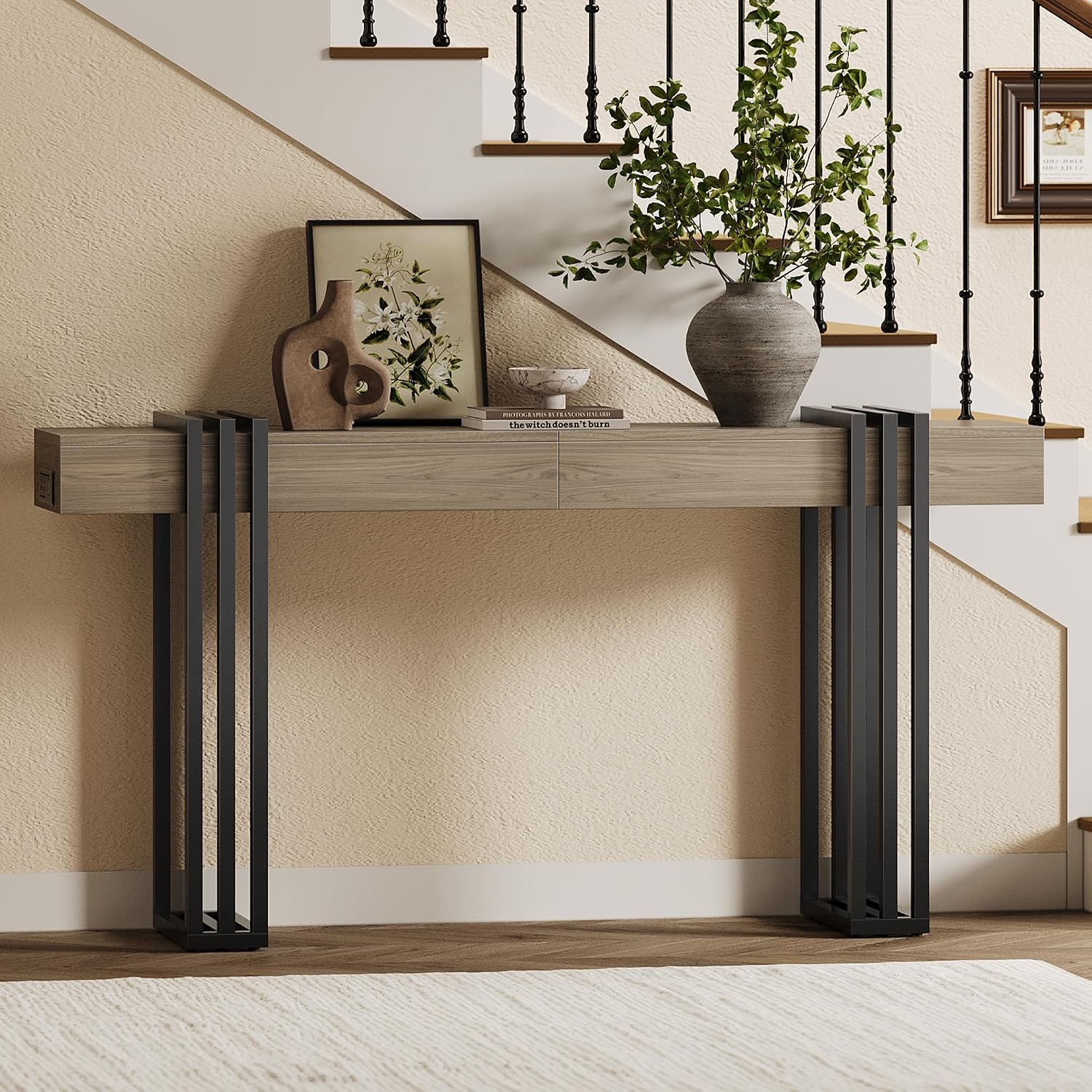 63' Long Console Table for Entryway - Behind Couch Table for Living Room, Wood Sofa Tables with Black Parallel Metal Frame & Power Outlet for Hallway, Entrance, Narrow Foyer, Light Walnut