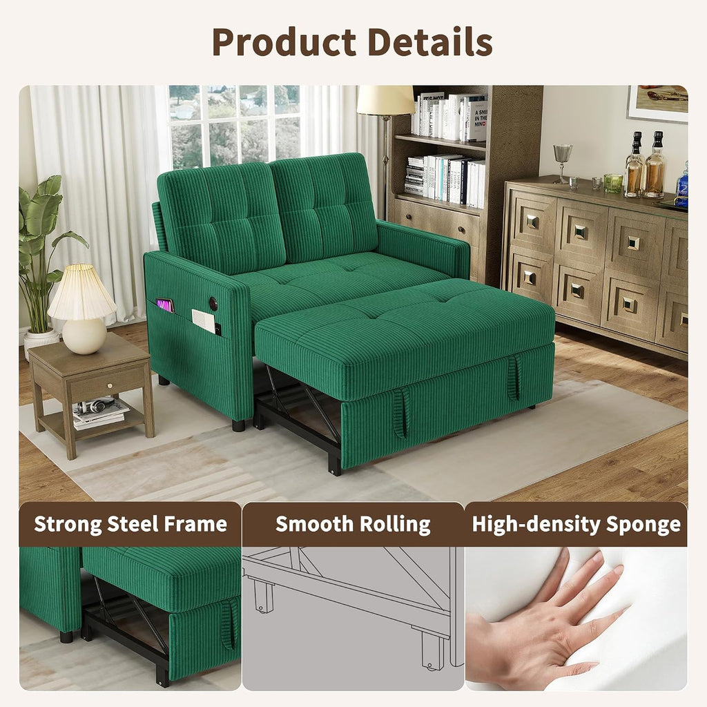 3 in 1 Convertible Sleeper Sofa Bed, Pull Out Couch with Charging Station, Corduroy Small Loveseat Sleeper Sofa with Adjustable Backrest for Apartment, Bedroom, Small Space（Green）