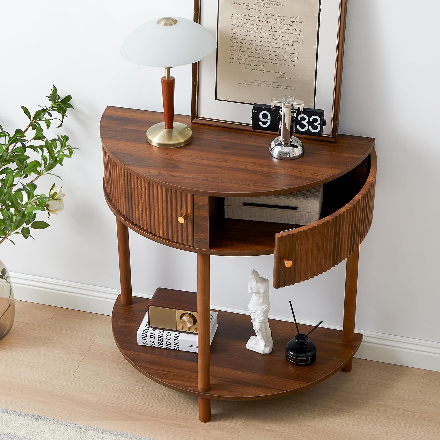 XUZENEST Fluted Half Moon Console Table, Modern Small Entry Sofa Table with Storage, Solid Wood Legs Narrow Entryway Table for Living Room, Hallway, Foyer(Walnut)