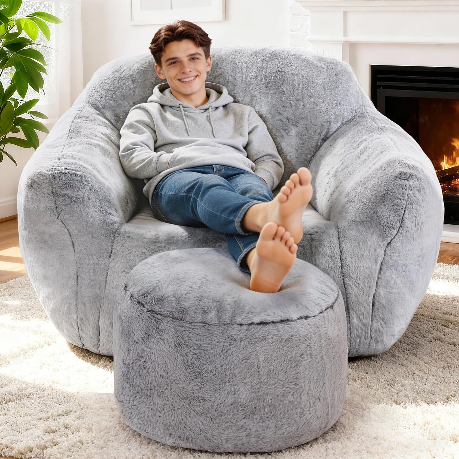 Giant Bean Bag Chair for Adults, Large Memory Foam BeanBag Chairs, Oversized Bean Bag Sofa with Filler, Faux Fur Big Reading Chair Comfy Floor Sofa Chair (Light Grey, Single with Ottoman)