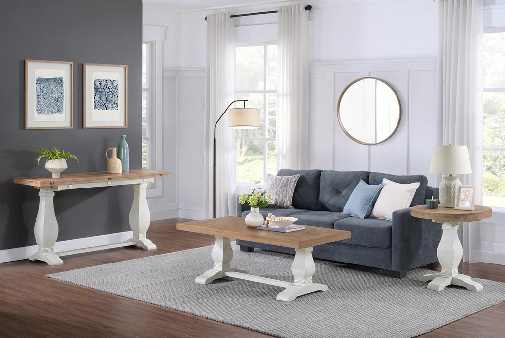 Martin Svensson Home Napa Solid Wood Pedestal Flip-Top Sofa Console Table, White and Driftwood, 60 inches x 18 inches x 30 inches