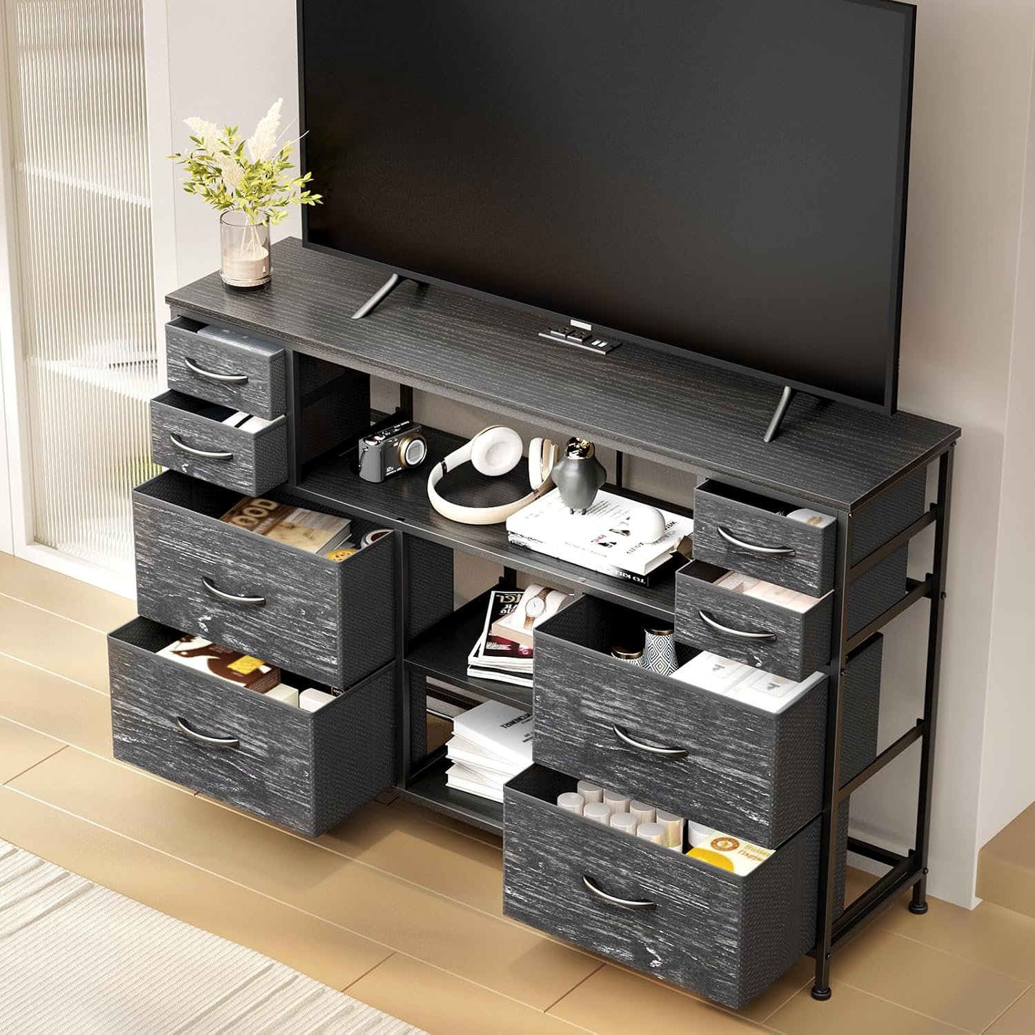 TV Stand Dresser Drawer for Bedroom - TV Stands for 45, 50, 55 inch TV - Entertainment Center Dressers with Charging Station, Drawers Dresser with Storage for Living Room, Nursery, Entryway - Black