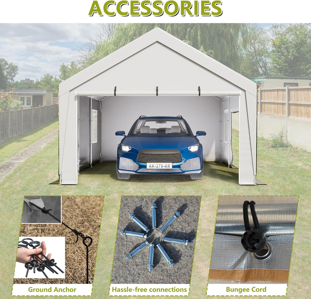 Aprilsoul Outdoor 13x20 FT Carport, Duty Canopy Storage Shed with Mesh Windows and Galvanized Steel Tube, All-Season Tarp, Wide Range of Appliaction for Car, Boat and Reunion, White