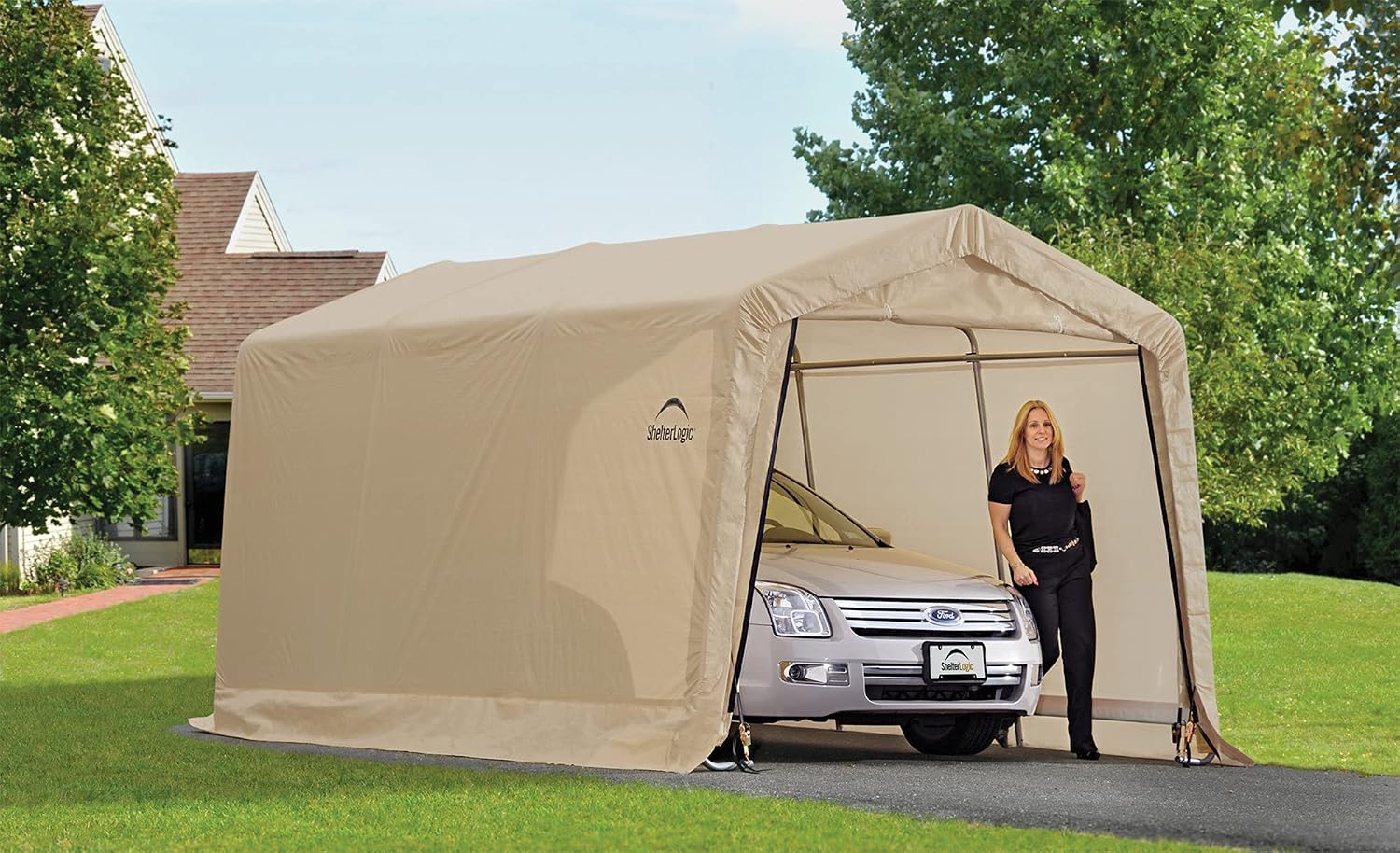 ShelterLogic Peak Style Roof Instant Garage Carport Car Canopy with Steel Frame and Waterproof UV-Treated Cover