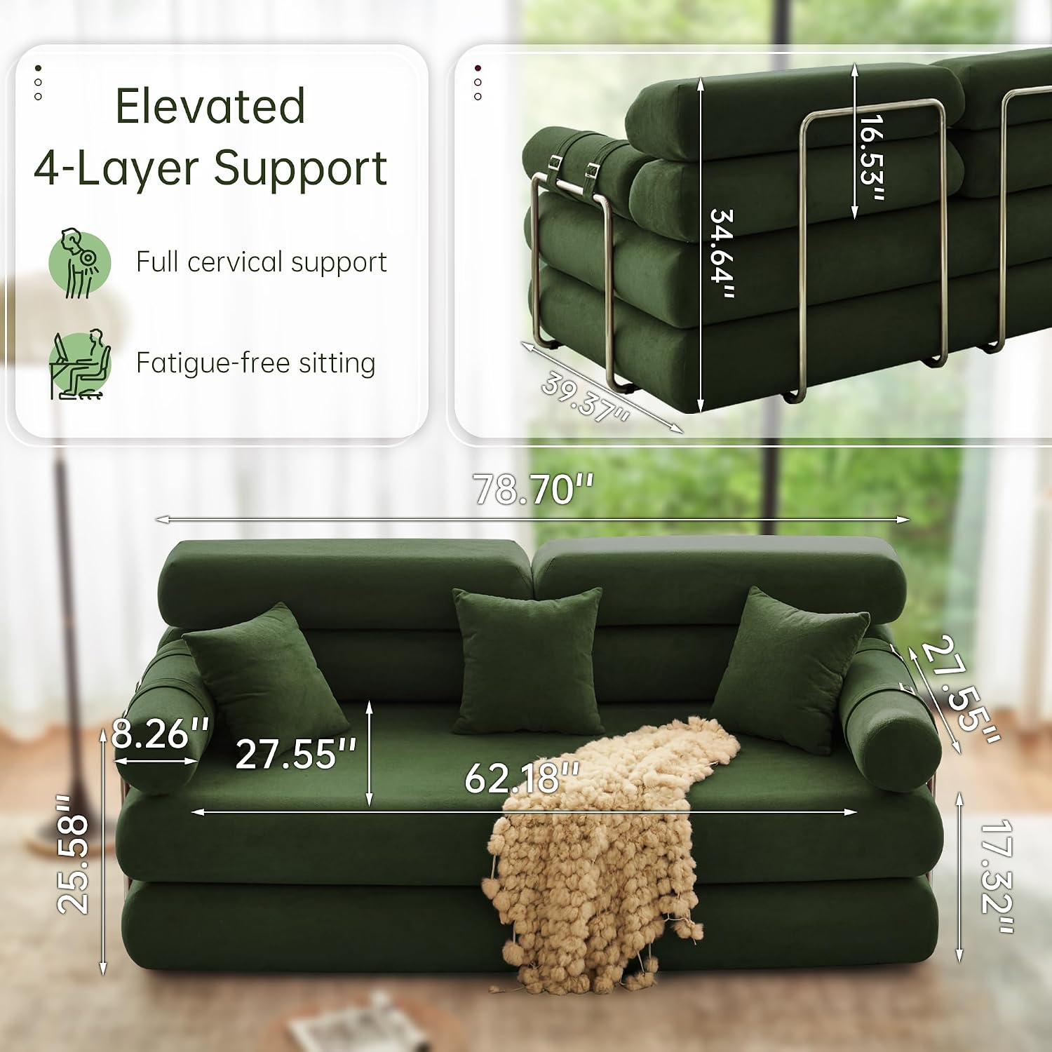 YINIX Convertible Sleeper Sofa - 35'' High-Back Floor Couch Bed - Folding Sofa Bed with Rounded Arm Supports - Floor Sofa Lounge Sofa Bed for Living Room - Green