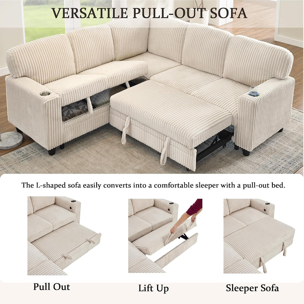 L-Shaped Sectional Couch with Storage and Pull Out Bed, Convertible Sofa Bed with USB Charging and Cup Holders, 5-Seat Modular Sleeper Sofas Convertible Couches for Living Room, Beige