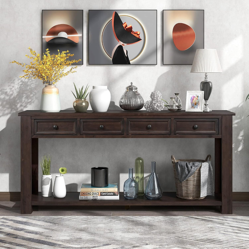 Merax Console Table, 63' Long Extra-Thick Entryway Table Sofa Table with 4 Drawers and Open Shelf for Entryway, Hallway, Living Room (Espresso)