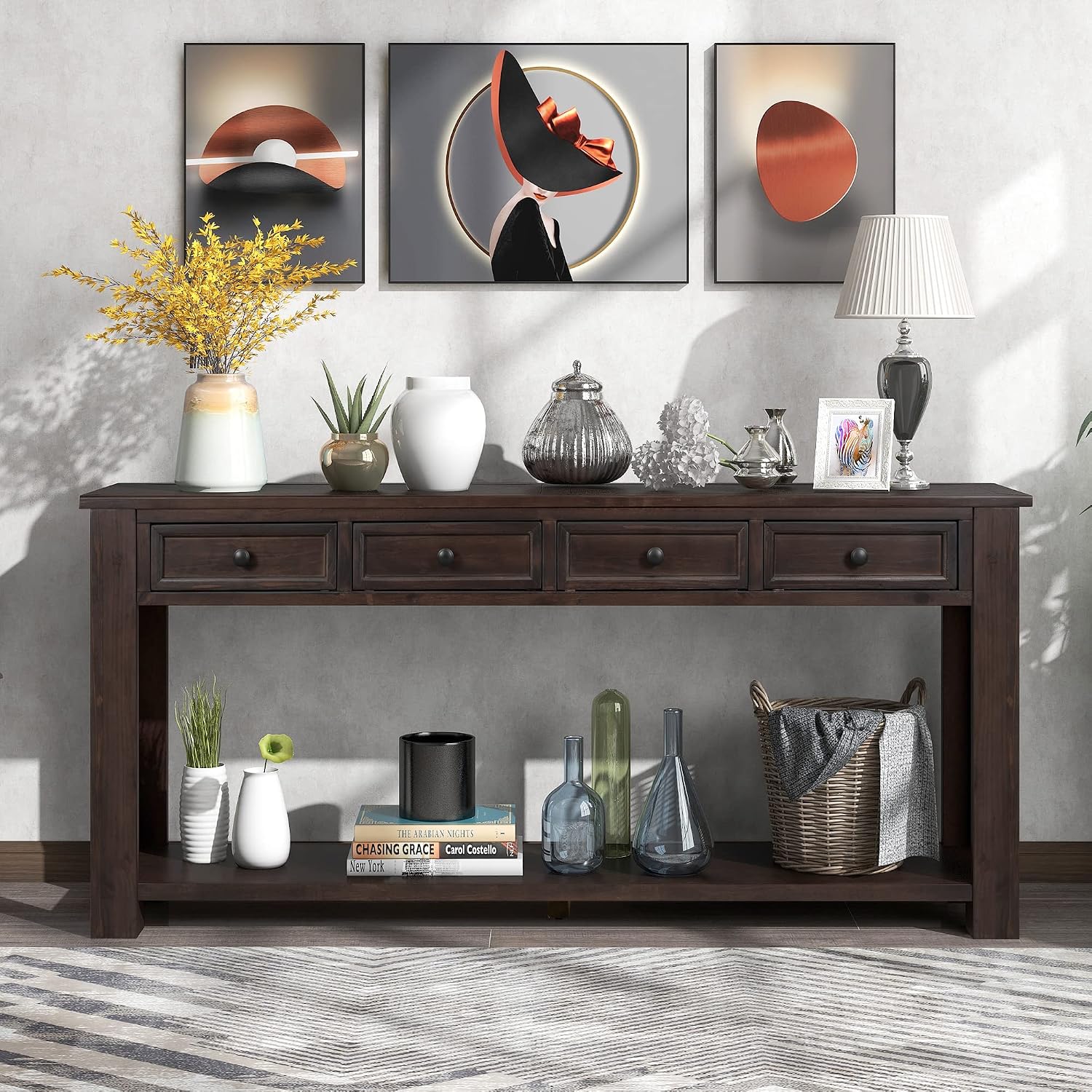 Merax Console Table, 63' Long Extra-Thick Entryway Table Sofa Table with 4 Drawers and Open Shelf for Entryway, Hallway, Living Room (Espresso)