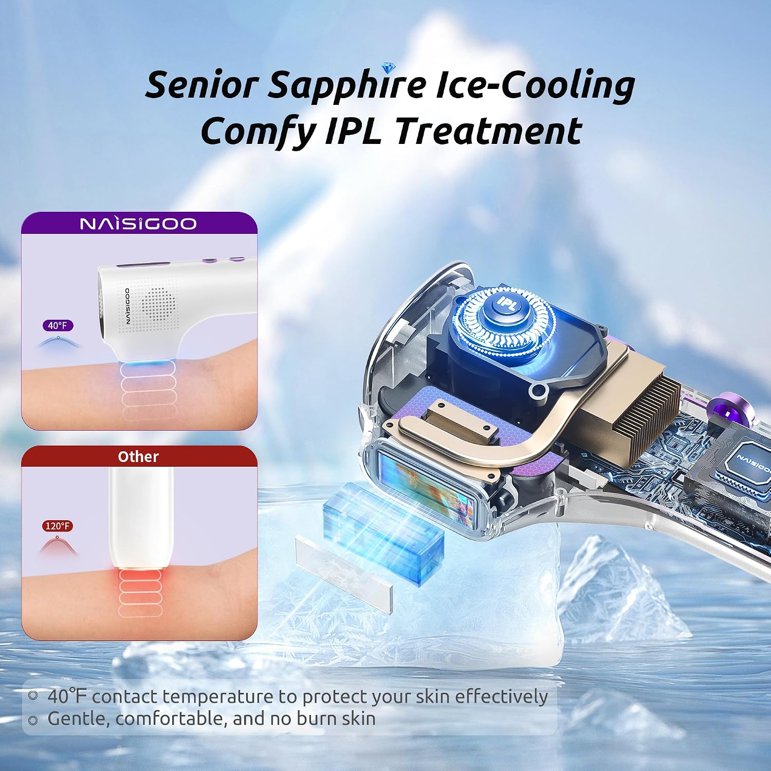 Laser Hair Removal Device for Women and Men, IPL Painless Sapphire with 40F Ice-Cooling System, Safe, Long-Lasting Hair Removal for Home, Face, Legs, Back, Bikini Line