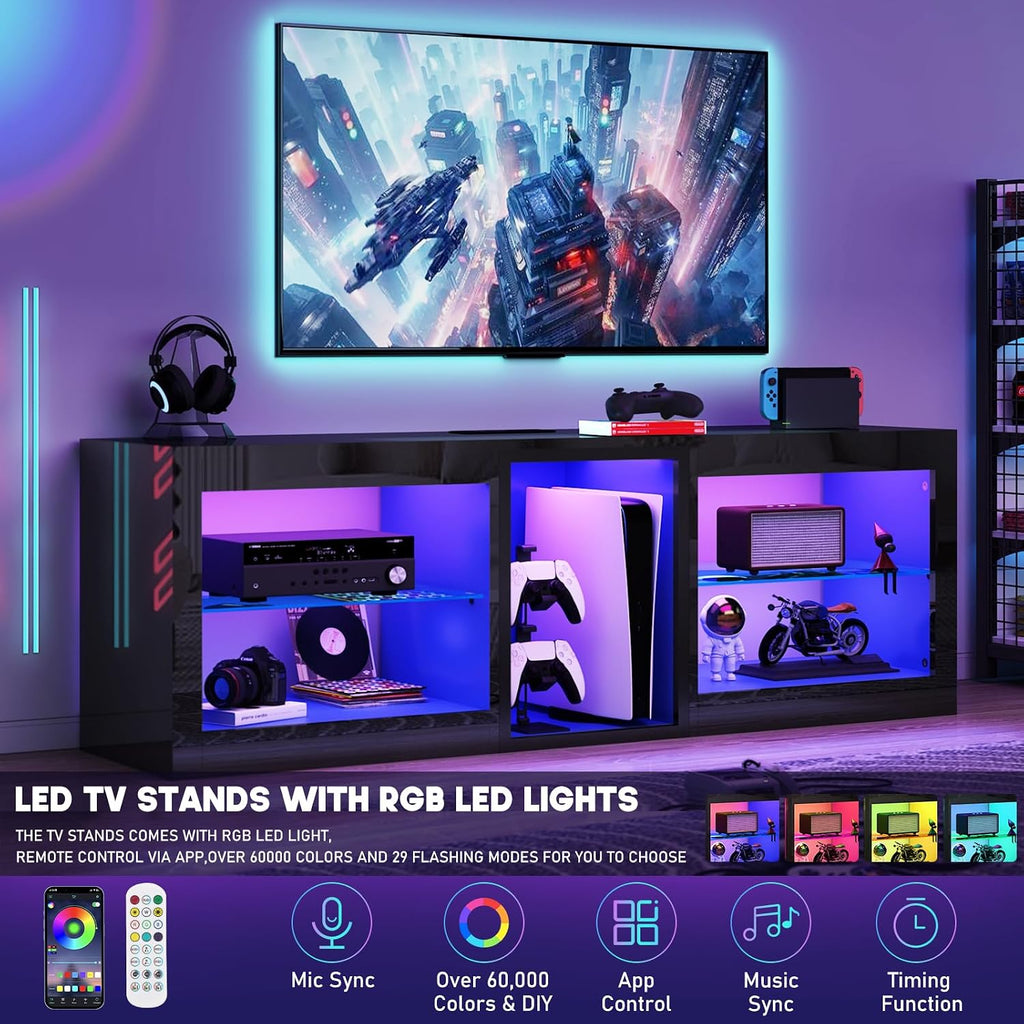chartustriable LED TV Stands W/Power Outlet for 65 70Inch TV,63' Modern Entertainment Center W/7000-Colors Light for P S 5,High Gloss TV Console w/Adjustable Shelves for Living Room Gameroom(Black)