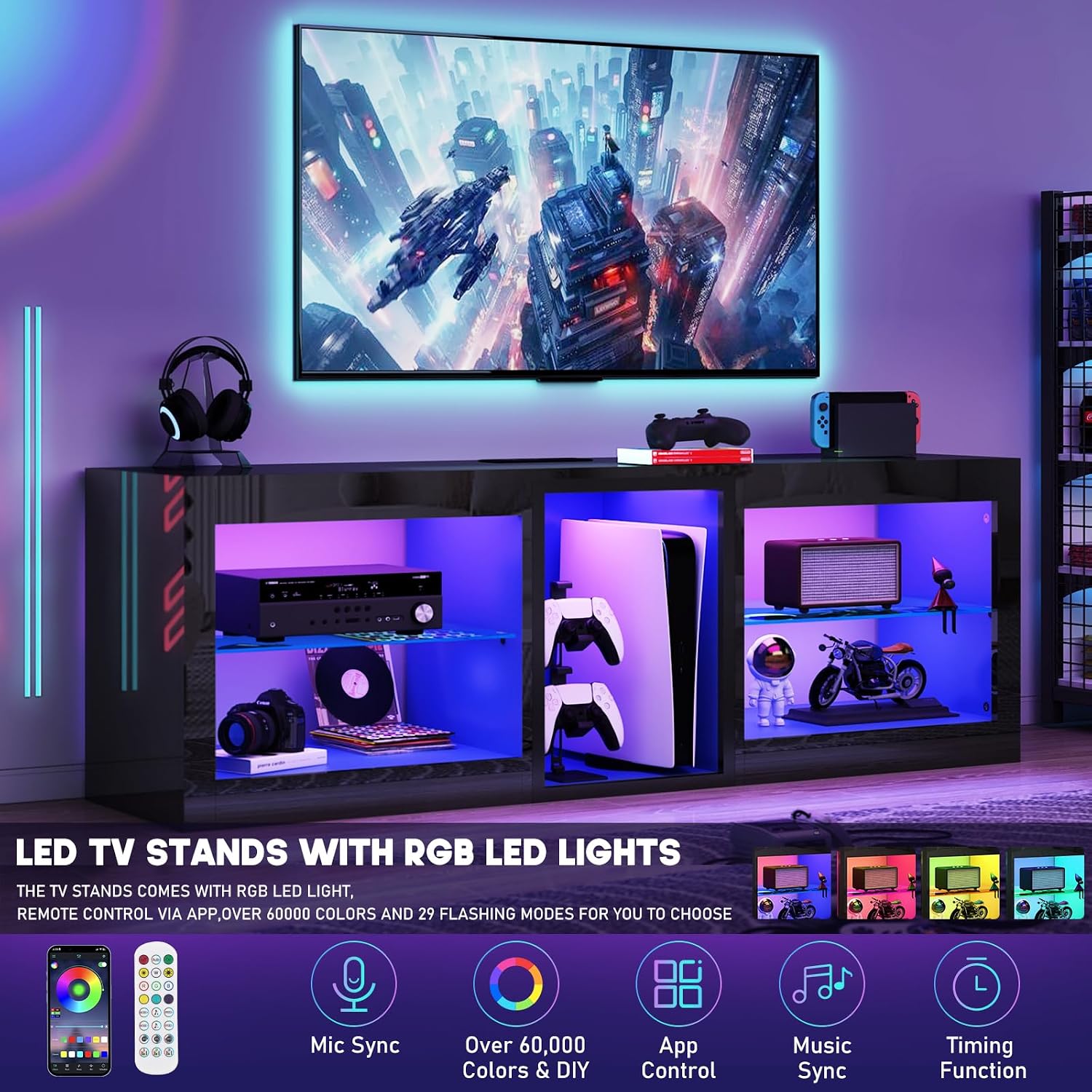chartustriable LED TV Stands W/Power Outlet for 65 70Inch TV,63' Modern Entertainment Center W/7000-Colors Light for P S 5,High Gloss TV Console w/Adjustable Shelves for Living Room Gameroom(Black)