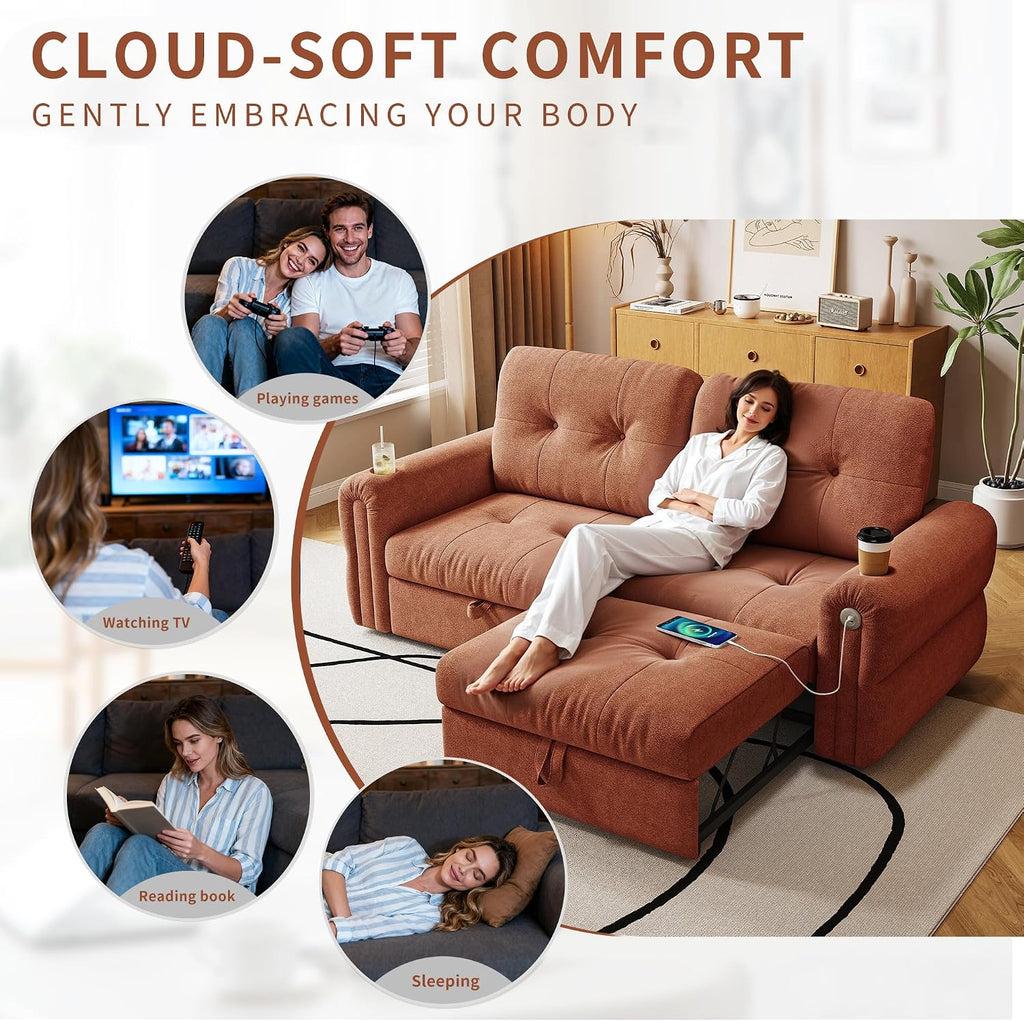 80.4' Queen Sleeper Sofa Bed, 3 in 1 Convertible Pull Out Couch with USB Ports & Cup Holders, Modern Chenille Loveseat Sofabed with Adjustable Backrest for Living Room, Bedroom, Apartment