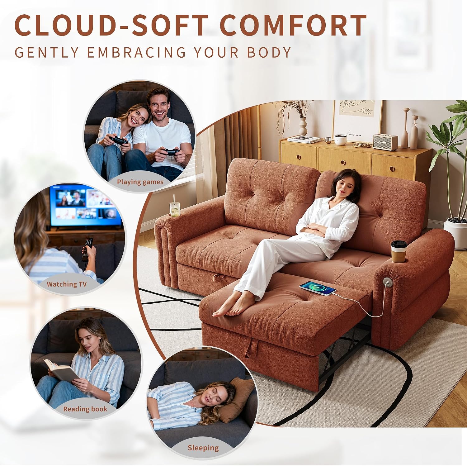 80.4' Queen Sleeper Sofa Bed, 3 in 1 Convertible Pull Out Couch with USB Ports & Cup Holders, Modern Chenille Loveseat Sofabed with Adjustable Backrest for Living Room, Bedroom, Apartment