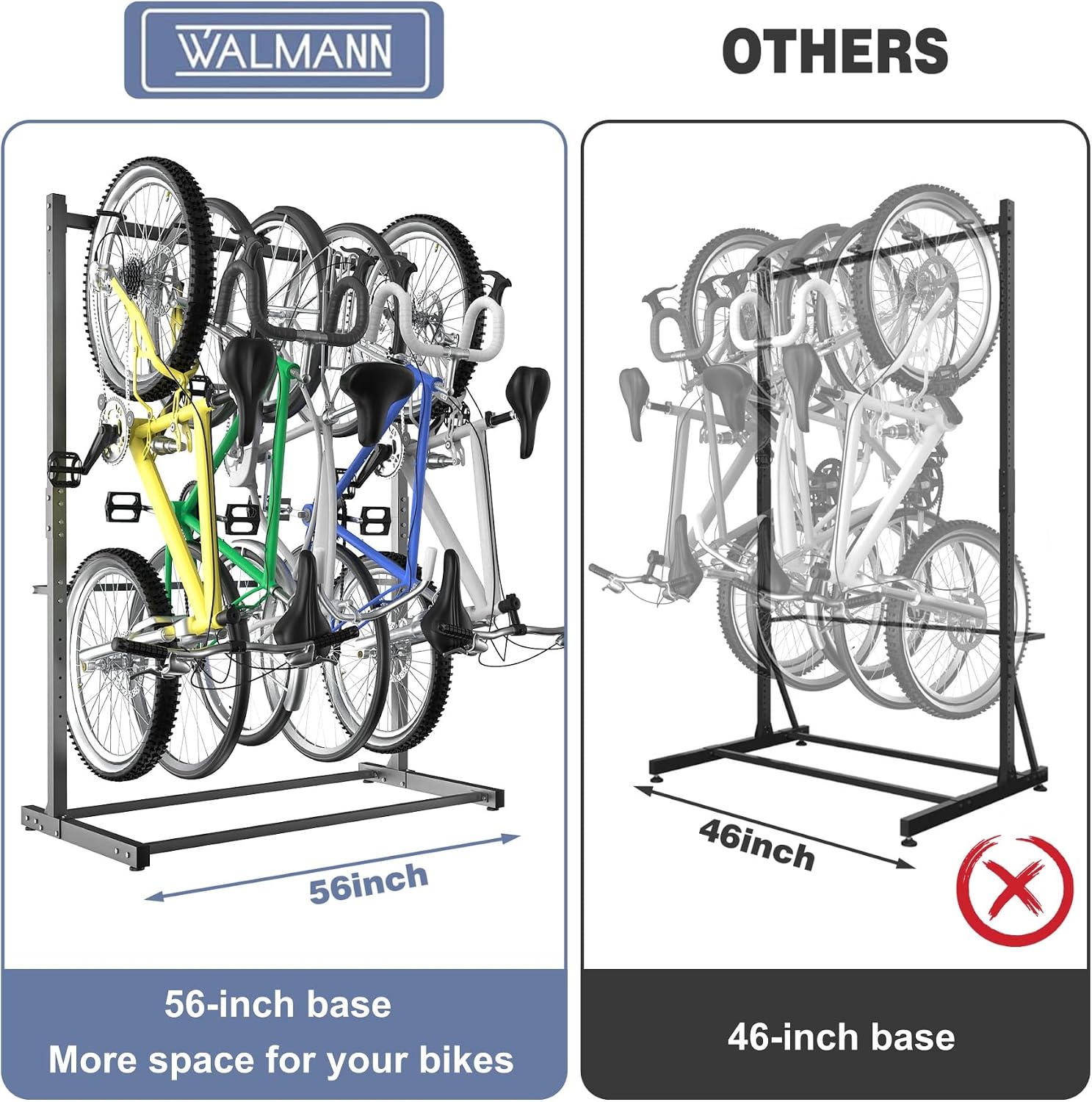 WALMANN Freestanding Bike Stand for Garage, 5 Bikes Vertical Bike Storage Stand Heavy Duty Bike Floor Stand, Holds Up to 70 lbs/Hook