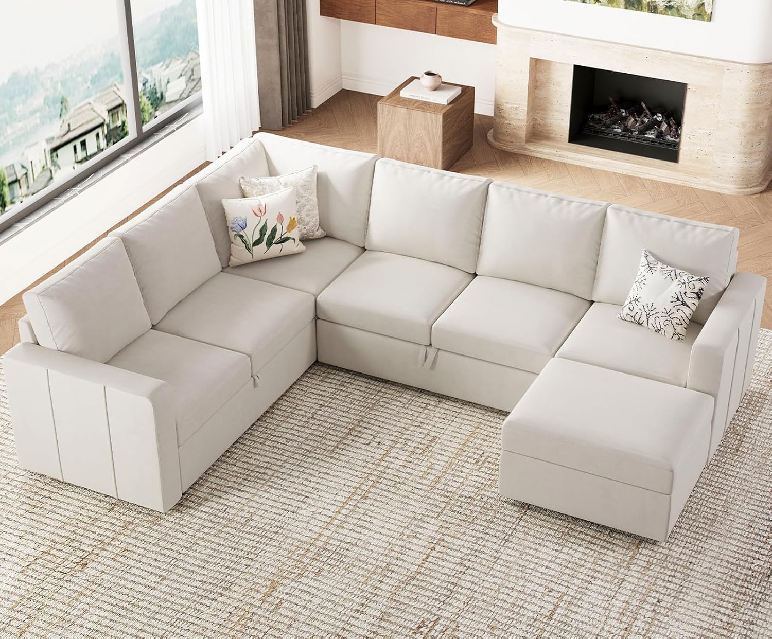 Belffin Modular Sectional Sleeper Sofa with Pull Out Couch, U Shaped Sleeper Pull Out Bed, Convertible Sectional Couches for Living Room, Beige