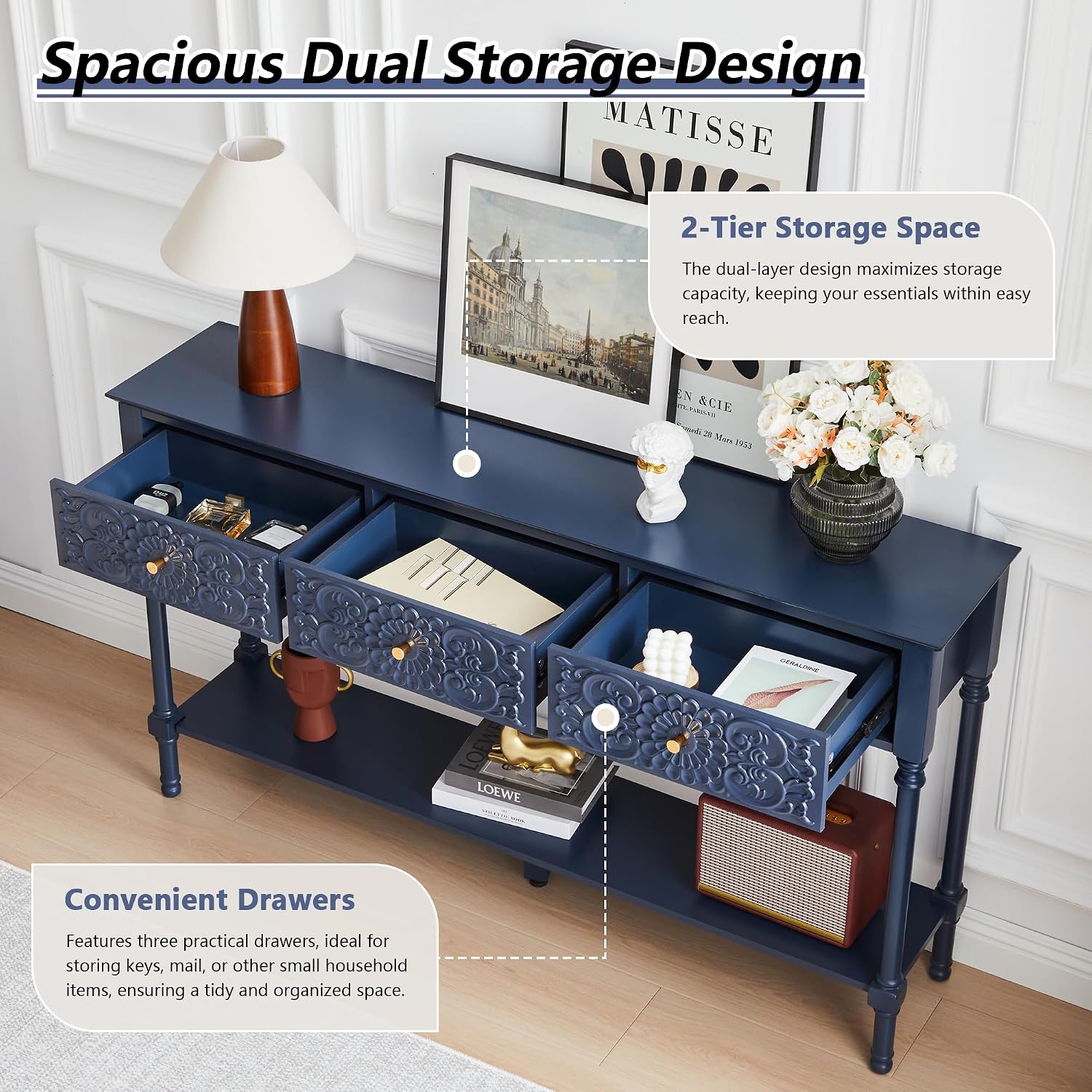 weselon 55.5' Carved Console Table with 3 Drawers, 2-Tier Sofa Table with Glossy Floral Surface and Solid Wood Legs, Mid-Century Modern Entryway Table for Living Room Hallway (Midnight Blue)