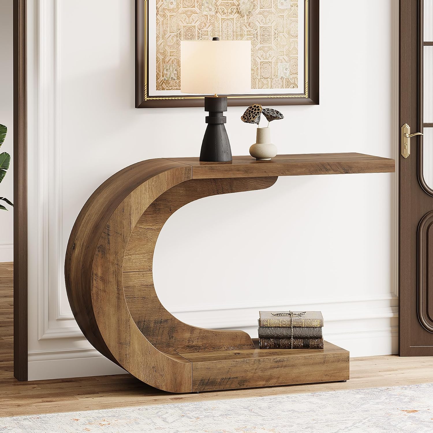 Tribesigns 43.3' Mid-Century Modern Console Table for Entryway, Wood C-Shaped Hallway Entry Accent Table for Living Room, Entrance, Foyer, Easy Assembly, Brown