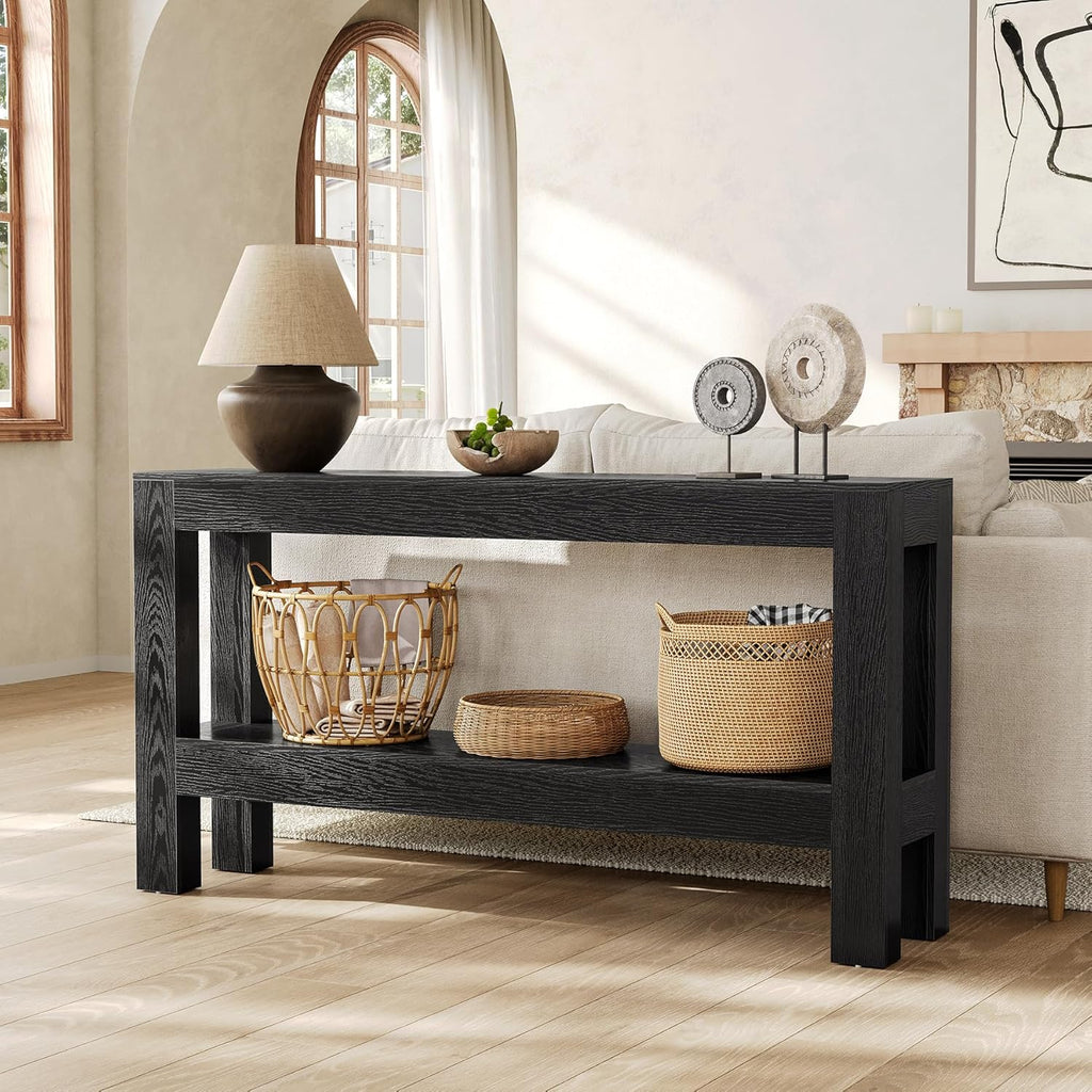 LITTLE TREE 63-Inch Black Console Table for Entryway, Narrow Long Wooden Entry Table for Living Room, Hallway, Sofa, Entrance, Foyer, Behind Couch with 2-Tier Storage Shelves