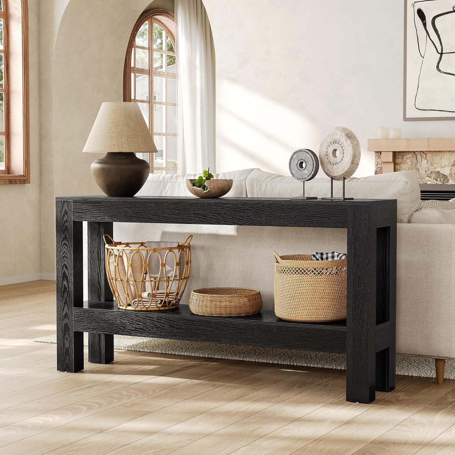 LITTLE TREE 63-Inch Black Console Table for Entryway, Narrow Long Wooden Entry Table for Living Room, Hallway, Sofa, Entrance, Foyer, Behind Couch with 2-Tier Storage Shelves