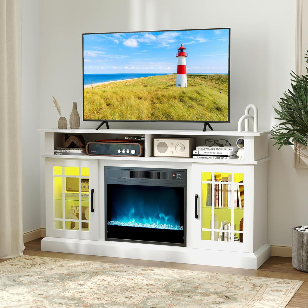 COSTWAY Electric Fireplace TV Stand for TVs Up to 55 Inches with LED Lights, 1400W Fireplace Insert with Remote, 48-Inch Wooden Media Entertainment Center with Adjustable Shelves, White