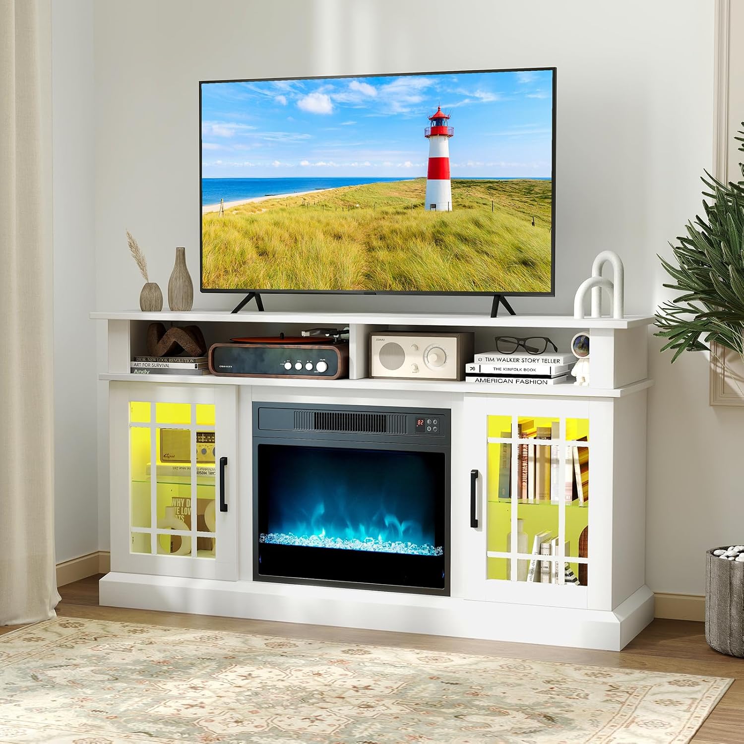 COSTWAY Electric Fireplace TV Stand for TVs Up to 55 Inches with LED Lights, 1400W Fireplace Insert with Remote, 48-Inch Wooden Media Entertainment Center with Adjustable Shelves, White