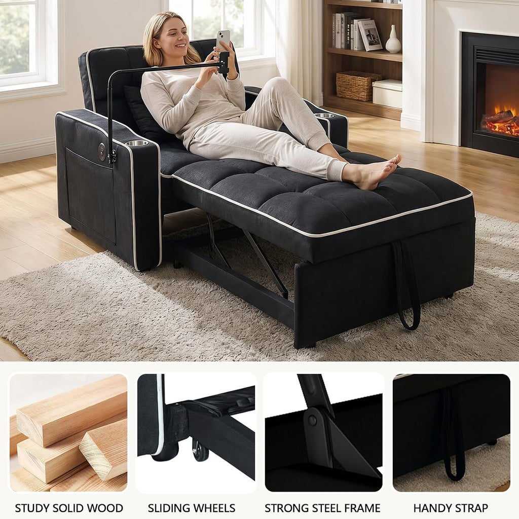 Majnesvon Modern Velvet Fabric Sofa Bed Futon,3 in 1 Convertible Pullout Bed Couches with 3 Reclining Backrests,Phone Stand,Small Sofa Single Sleeper Chair Bed for Living Room Bedroom (Black)