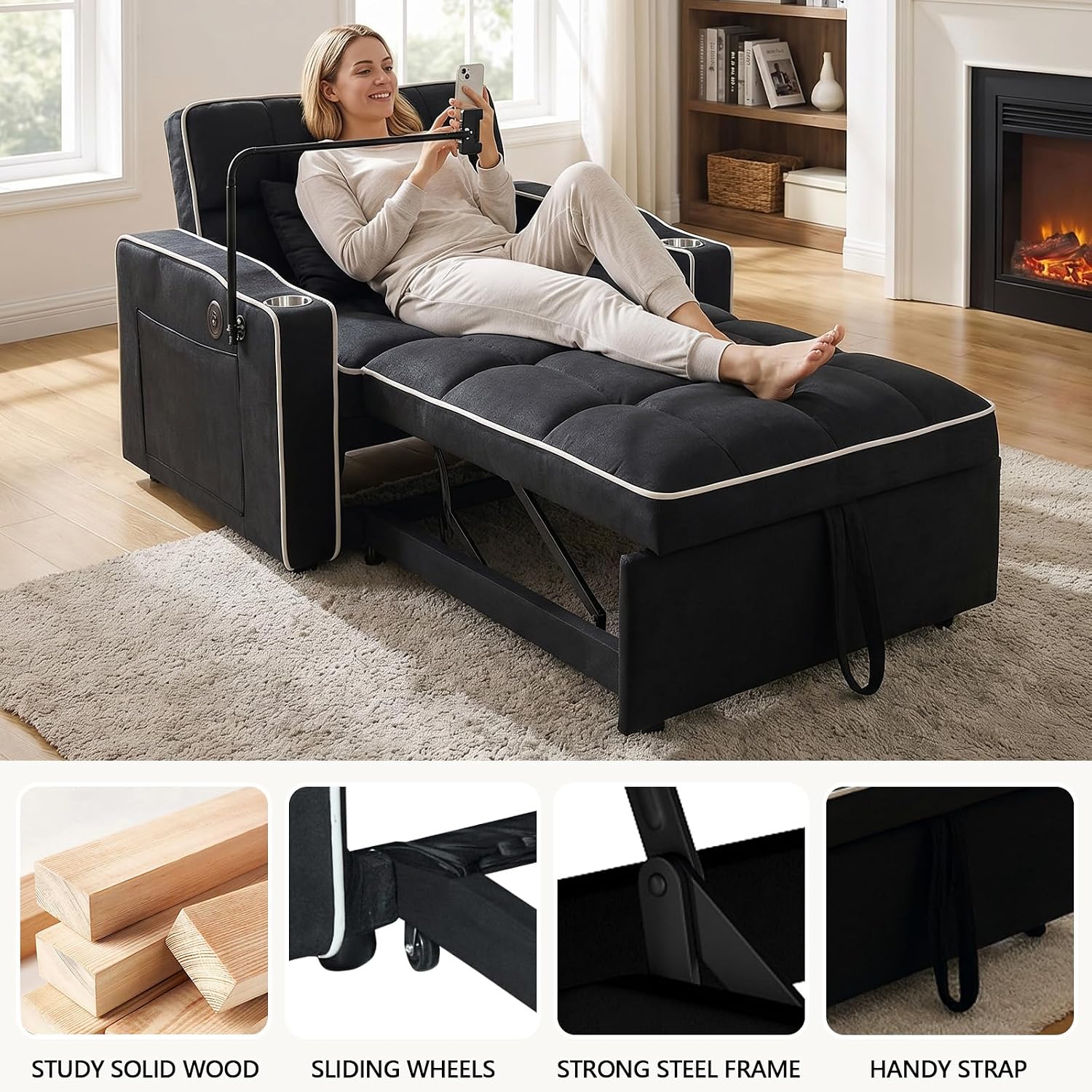 Majnesvon Modern Velvet Fabric Sofa Bed Futon,3 in 1 Convertible Pullout Bed Couches with 3 Reclining Backrests,Phone Stand,Small Sofa Single Sleeper Chair Bed for Living Room Bedroom (Black)