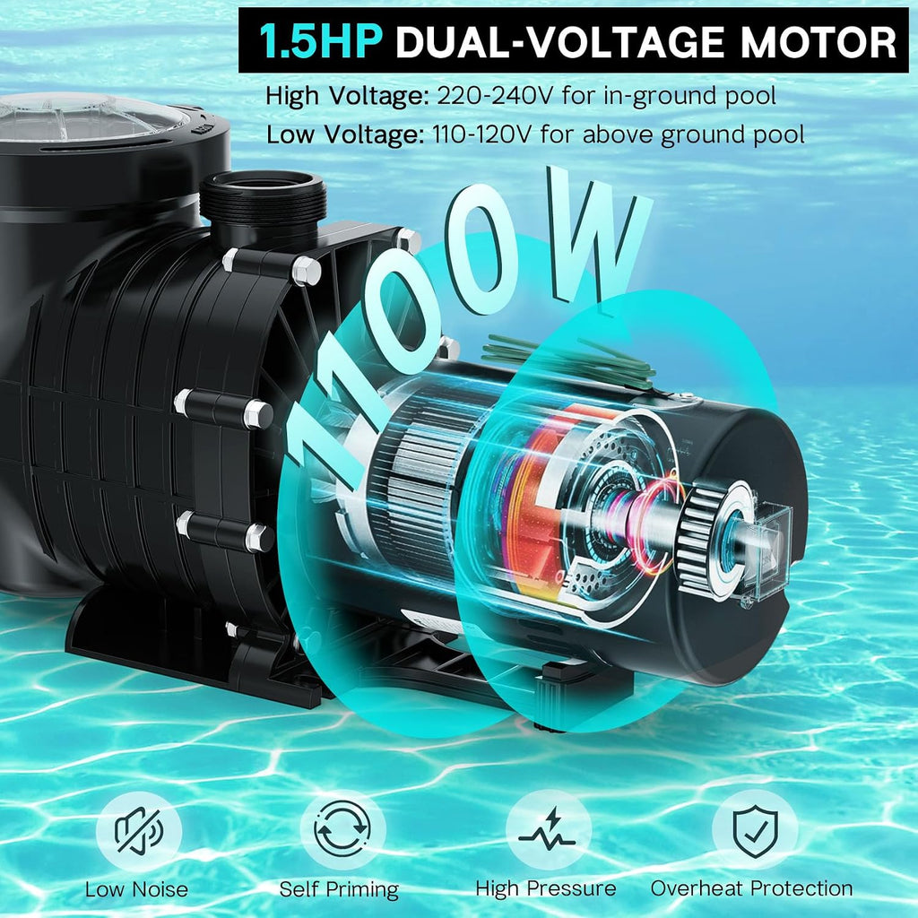 Pool Pump Above Ground/Inground, 1.5 HP 6600GPH Powerful Selfpriming Pool Pumps for 15,000-31,000 Gallons Pools, Dual Voltage Swimming Pool Pump with Strainer Basket & Drain Plug
