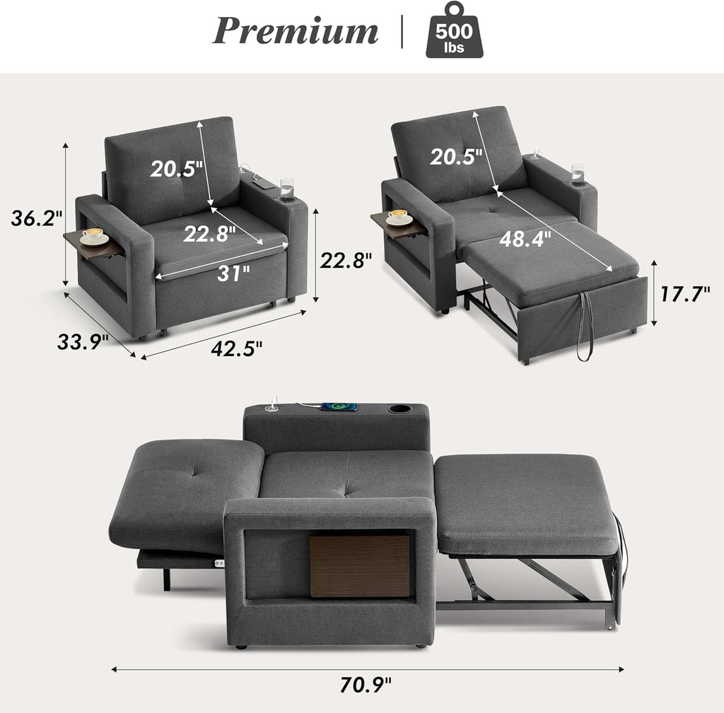 WEUP 42.5' Sleeper Sofa Chair Bed, 3-in-1 Convertible Sleeper Chair with Pull Out Bed, Adjustable Reclining Backrest, Side Pockets, Cup Holder, USB Ports & Wing Table, Premium Dark Grey