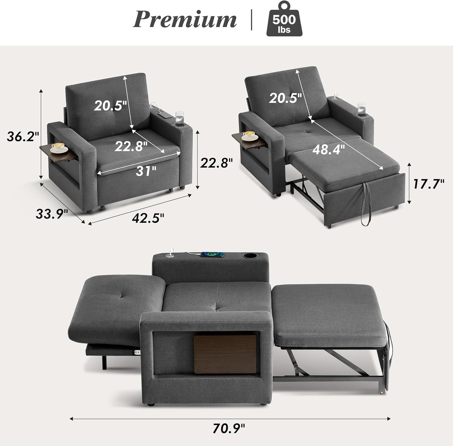 WEUP 42.5' Sleeper Sofa Chair Bed, 3-in-1 Convertible Sleeper Chair with Pull Out Bed, Adjustable Reclining Backrest, Side Pockets, Cup Holder, USB Ports & Wing Table, Premium Dark Grey