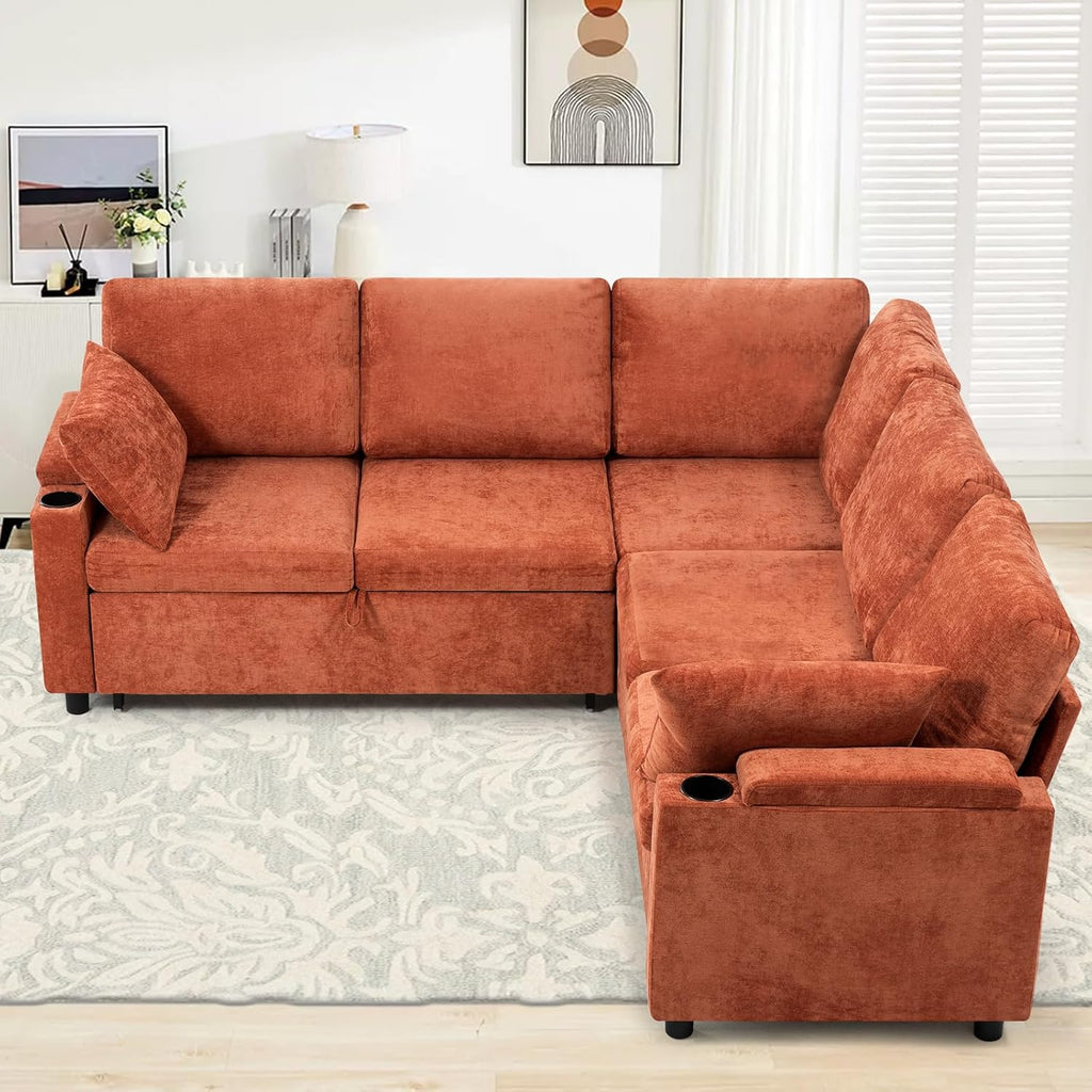 85' Chenille Reversible Sectional Sofa w/Pull-Out Bed, Upholstery L Shaped Couch w/Storage Armrests & Cup Holders, Modern Corner Sofa w/USB Charging Port & Throw Pillow for Living Room, Orange