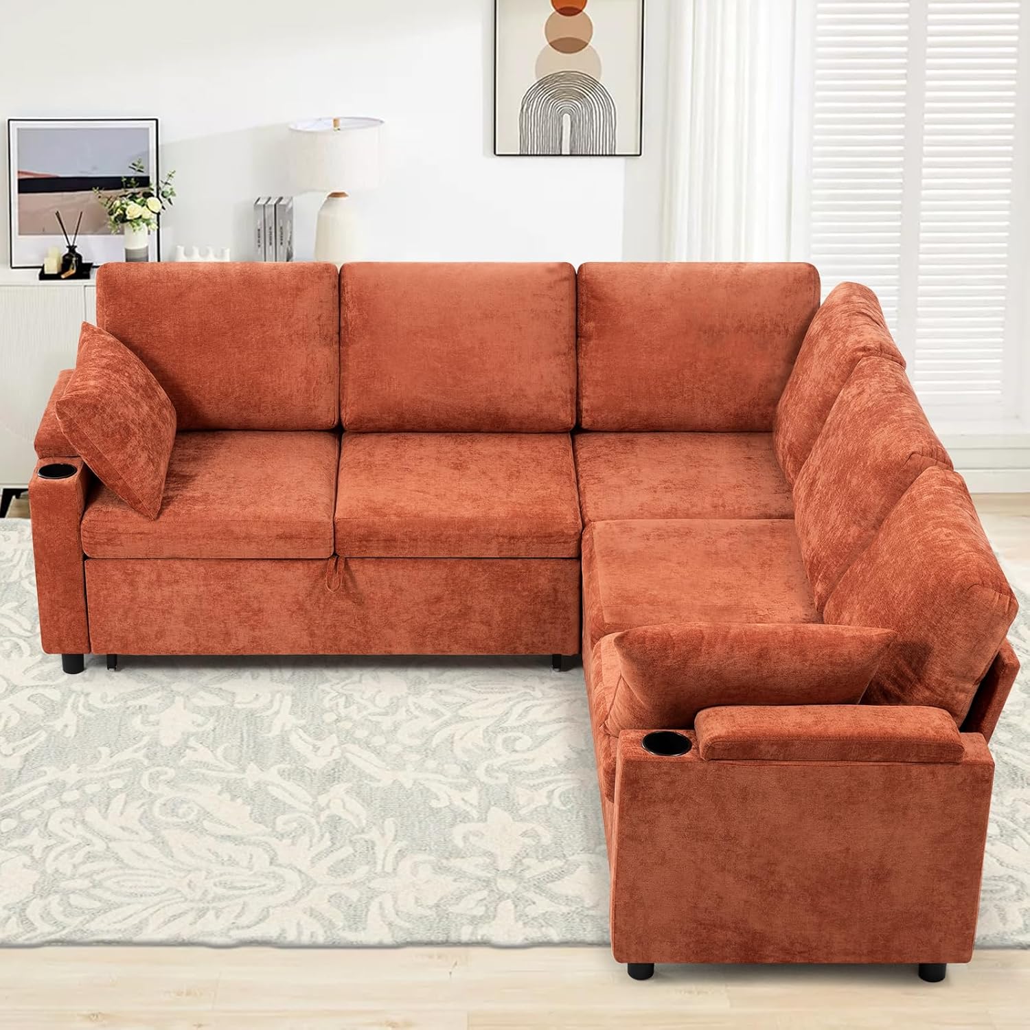 85' Chenille Reversible Sectional Sofa w/Pull-Out Bed, Upholstery L Shaped Couch w/Storage Armrests & Cup Holders, Modern Corner Sofa w/USB Charging Port & Throw Pillow for Living Room, Orange