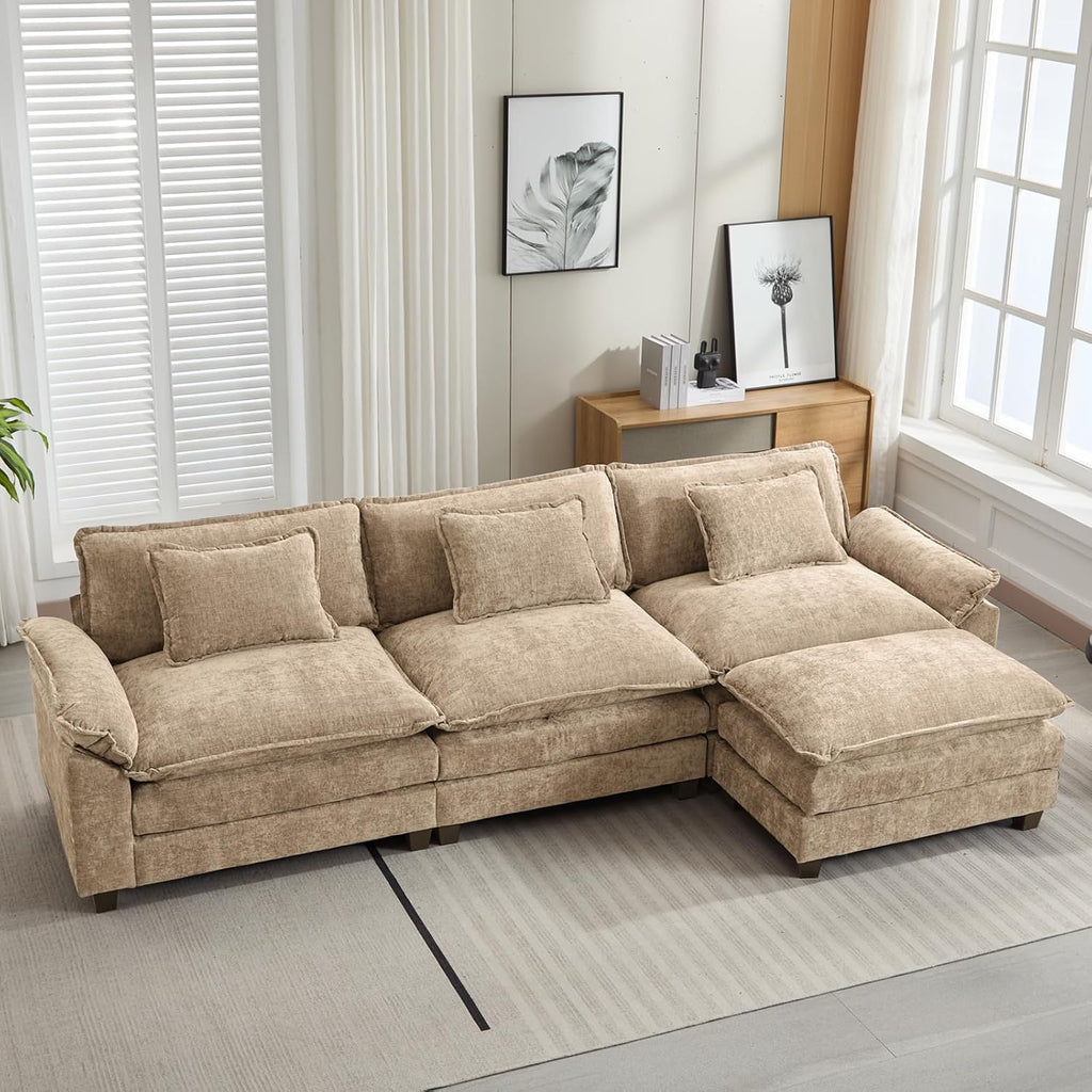 Oprisen 120' Modular Sectional Sofa, Comfy Cloud Couch Sectional Sofa with Ottoman, Chenille Sofa Sleeper Deep Seat Sofa with Throw Pillows for Living Room (Khaki, 120'- L Shape)