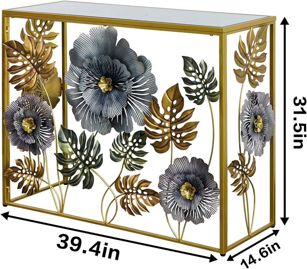 Lewahom Console Table, Vintage Art Sofa Table with Metal Flower Decor, Narrow Entryway Tables with Glass Mirror Tabletop Behind Sofa, Narrow Accent Table for Entryway Living Room Hallway Bedroom