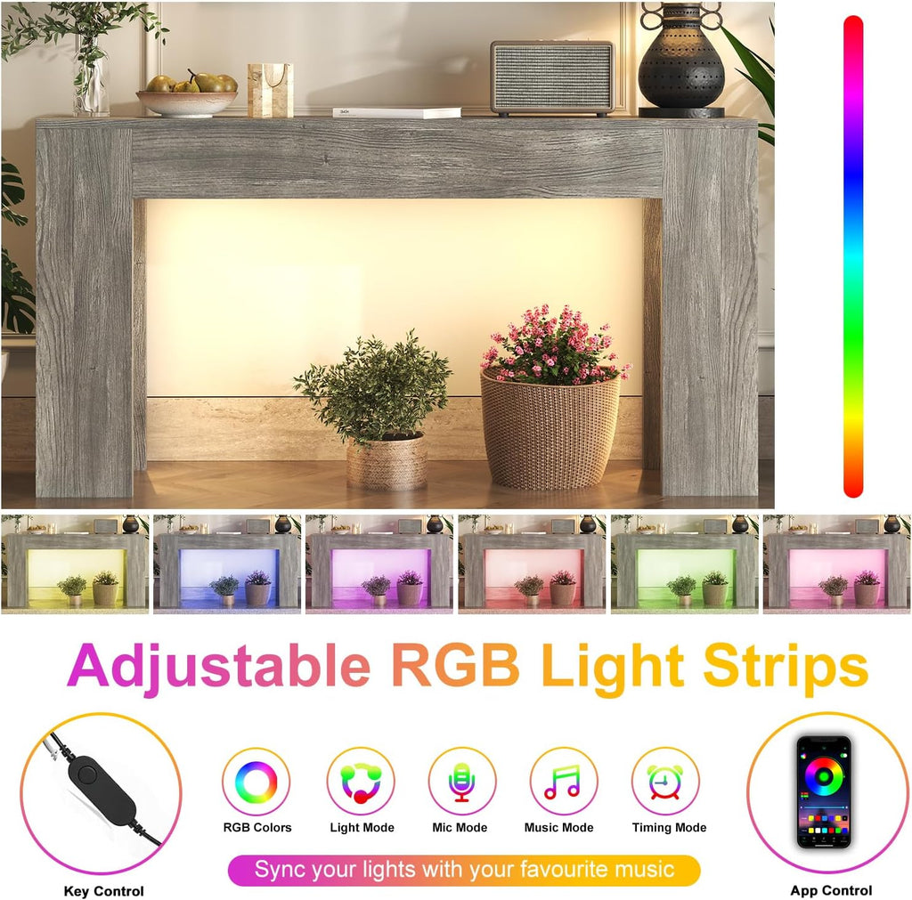 knoworld 63-Inch Long Console Table with LED Light, Farmhouse Sofa Table Behind Couch, Wooden Console Table for Entryway Hallway Entrance Living Room, Gray