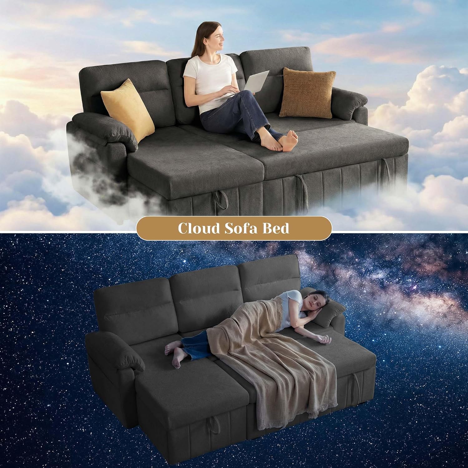 Tbfit 84'' Pull Out Sofa, 3 in 1 Sleeper Sofa Couch with USB & Storage Chaise, Cloud Sofa Bed with Pull Out Bed, Chenille Convertible Sleeper Sofas for Living Room, Small Spaces, Dark Gray
